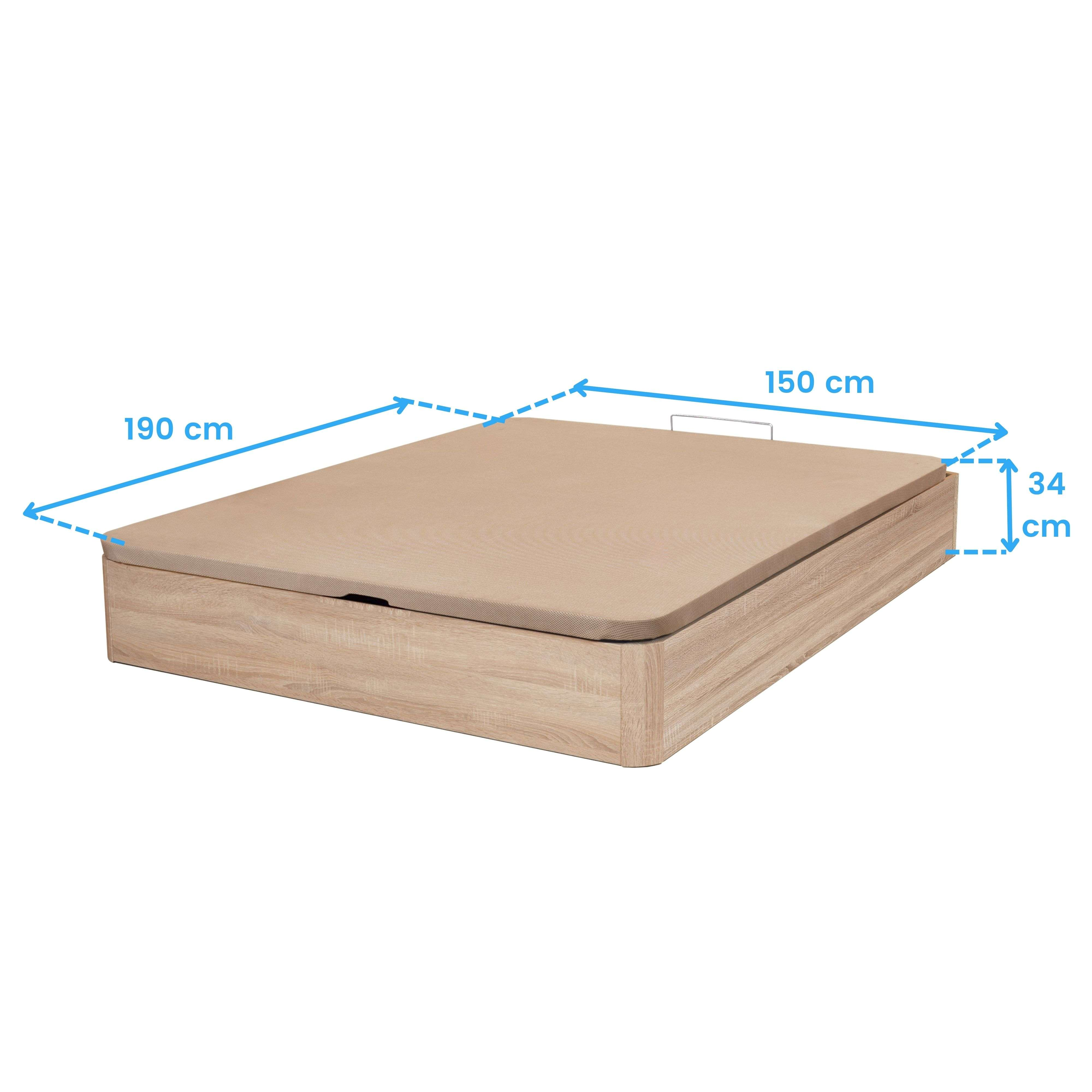 Una base de cama con veta de madera, 150x190x34 cm, con colchón beige.