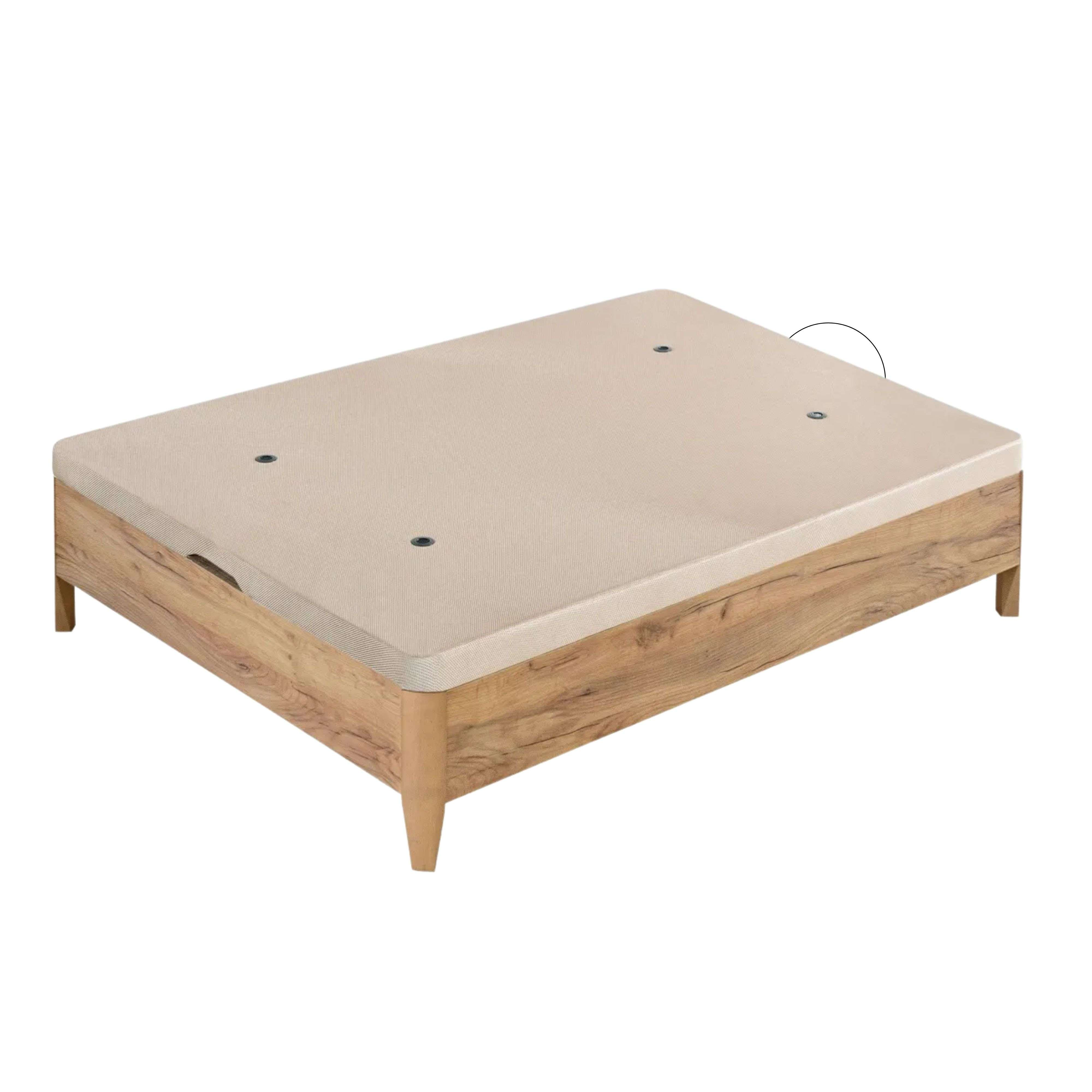 Un somier marrón claro con veta de madera y base de colchón beige.