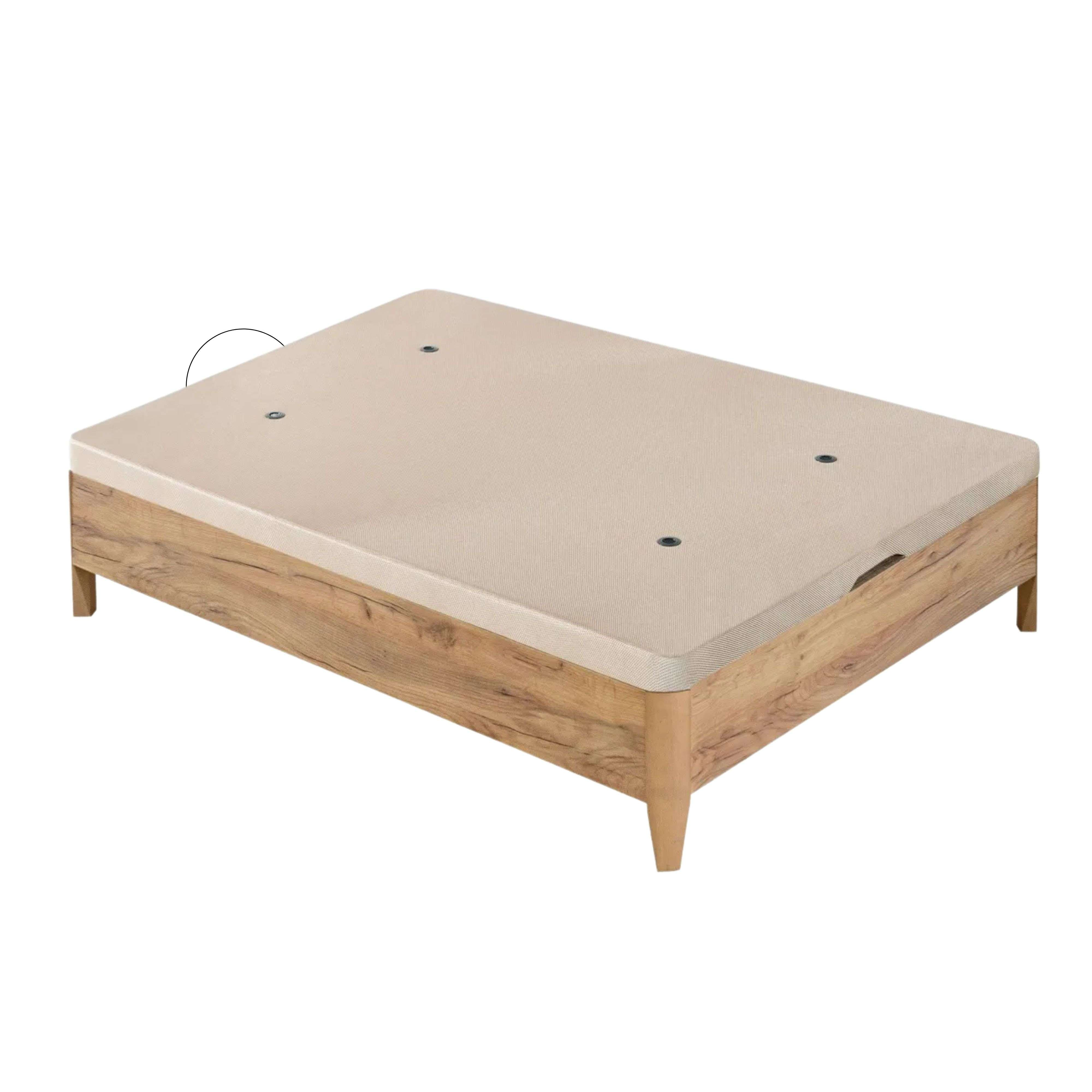 Una base de cama con veta de madera y un colchón beige claro con cuatro patas.