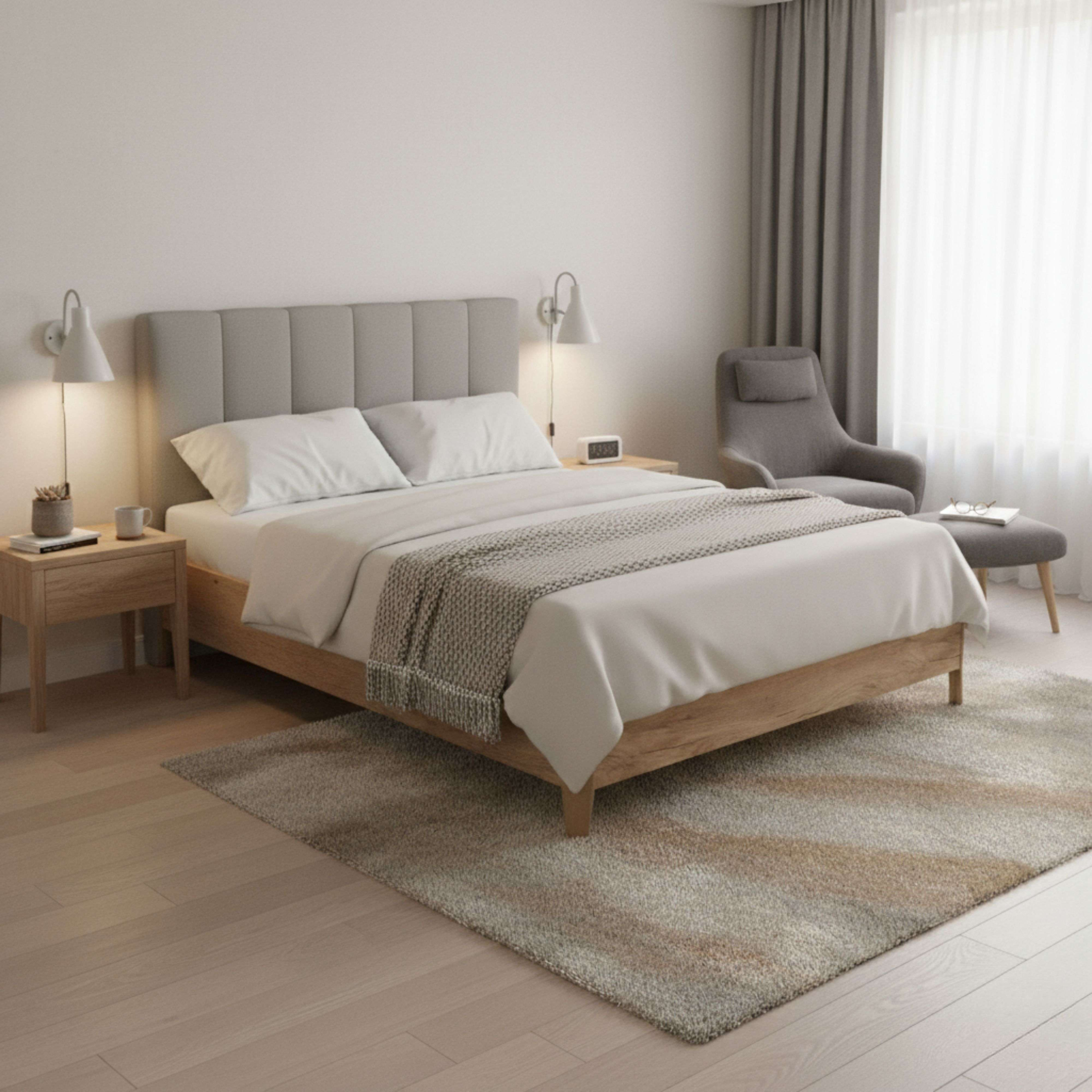 Un dormitorio con cama, mesita de noche, sillón y cortinas.