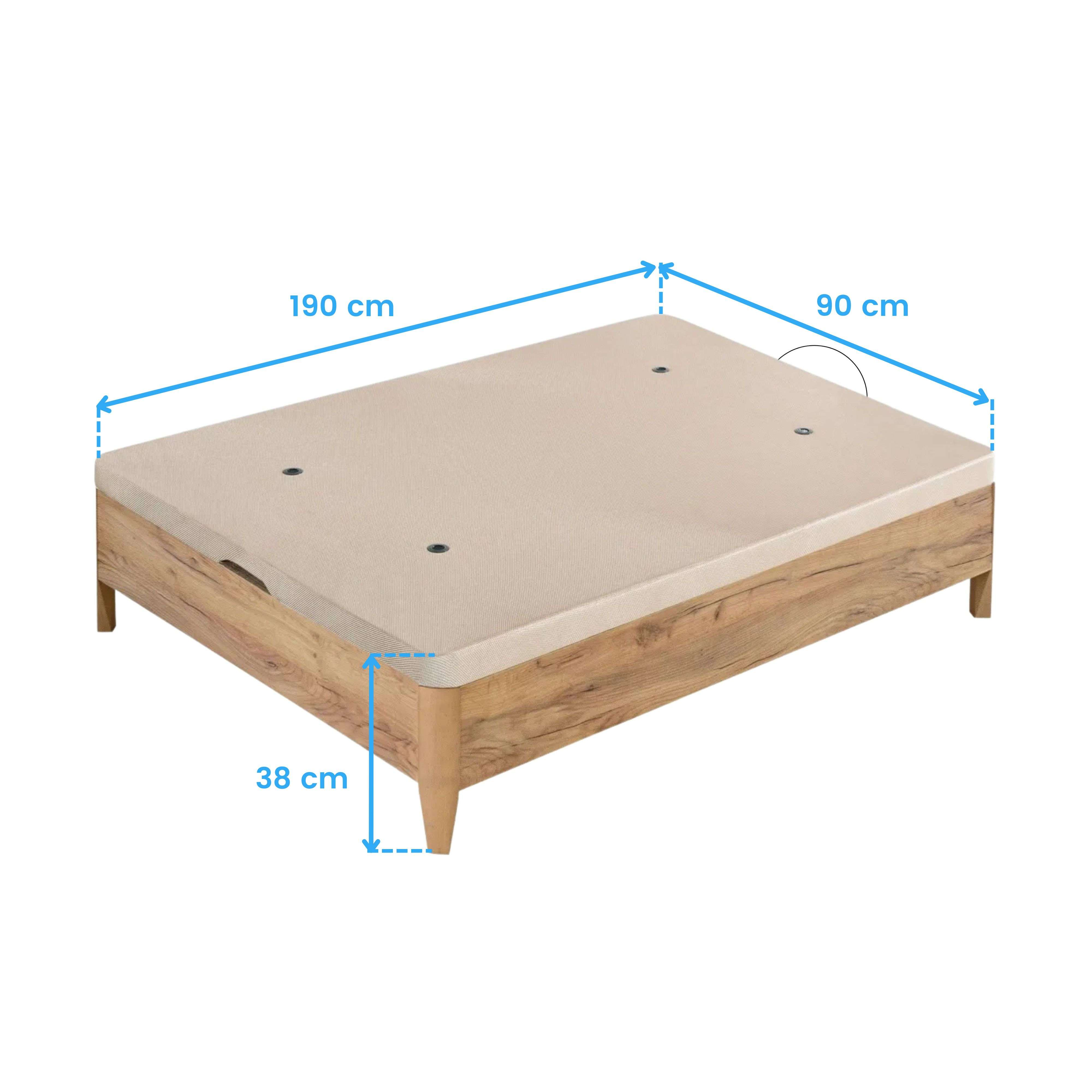 Estructura de cama de madera con colchón beige, medidas 190x90x38 cm.
