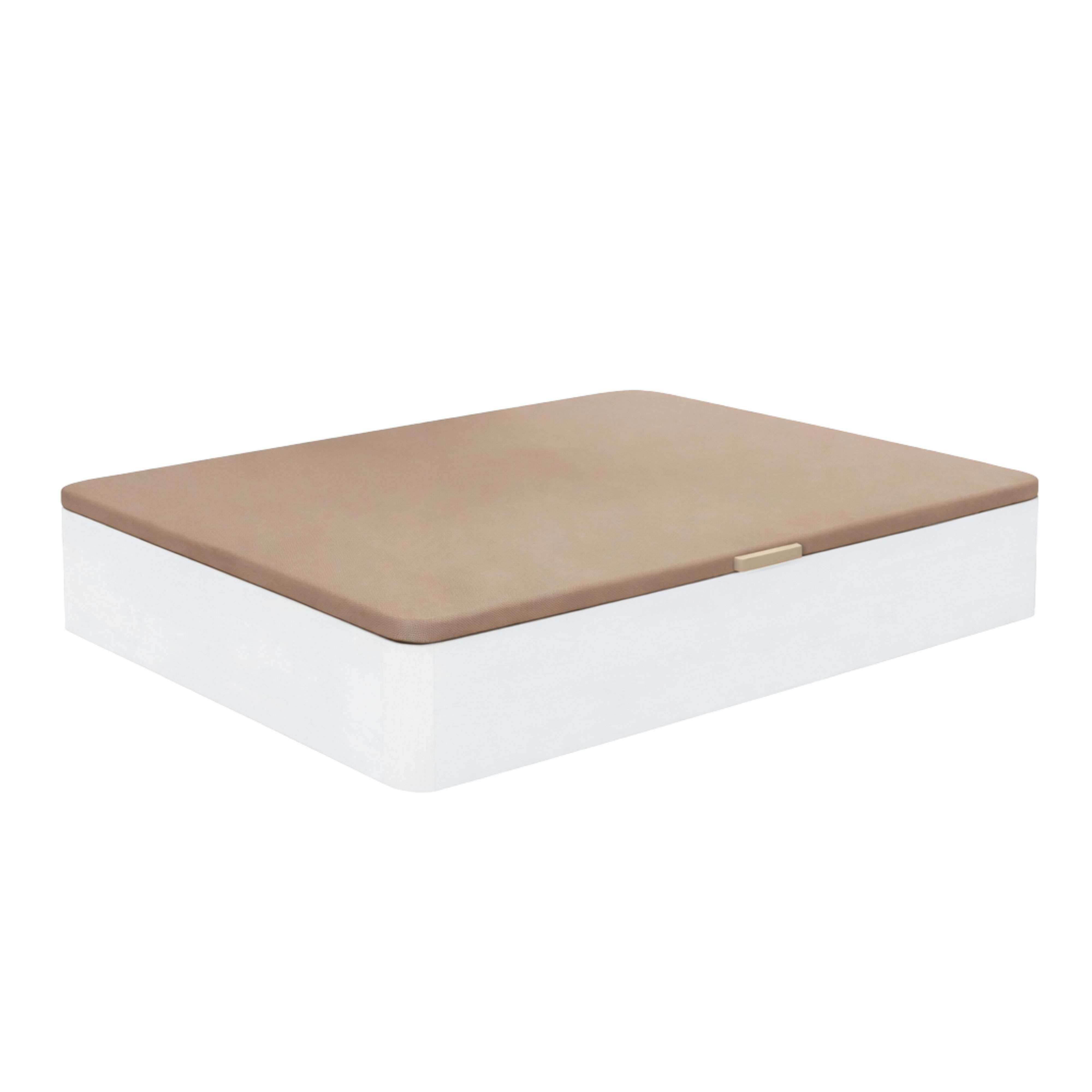 Una base de cama blanca con tapa marrón y un asa dorada.