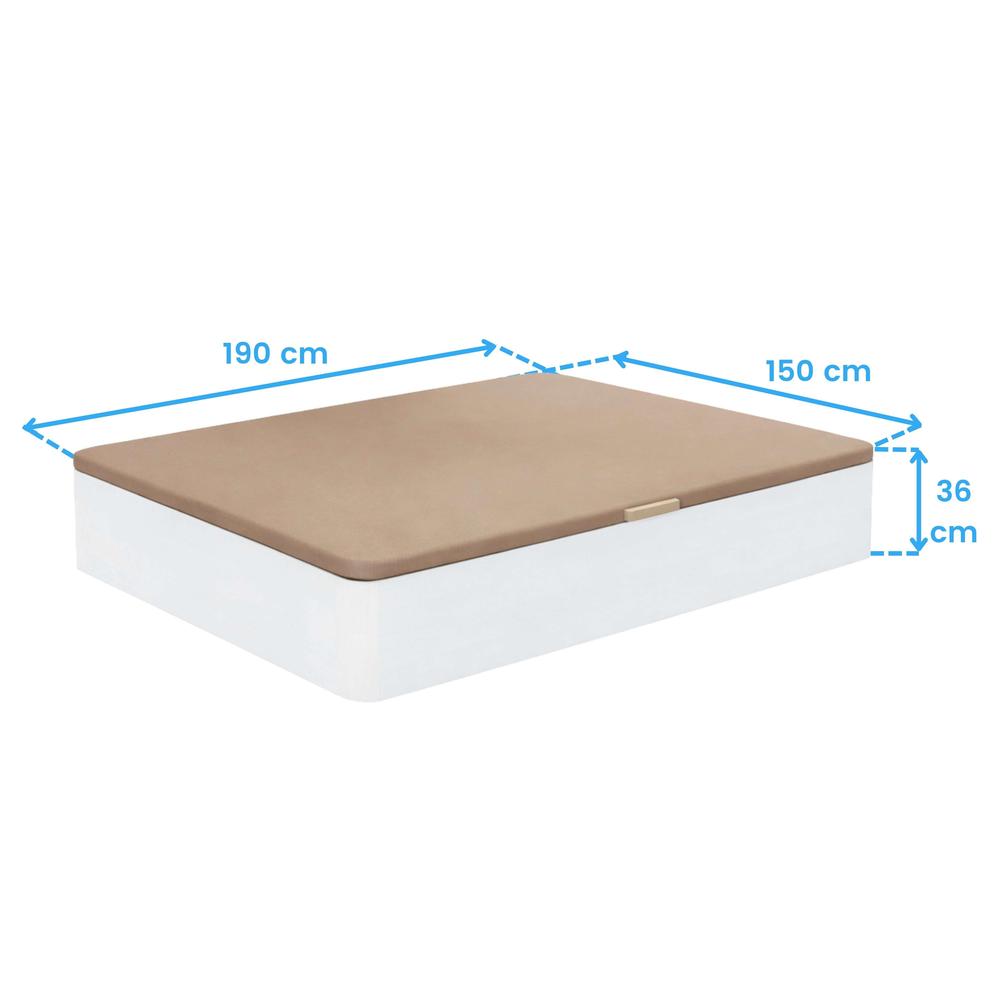 Base de cama blanca con cubrecolchón marrón, medidas 190x150x36 cm.