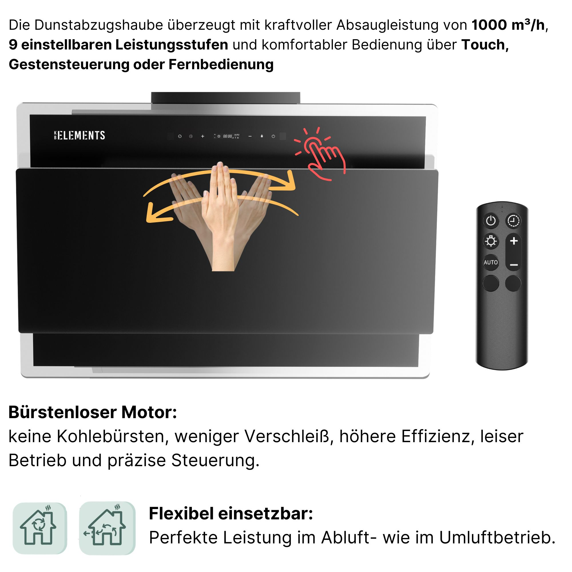 Dunstabzugshaube mit Fernbedienung, Touch- und Gestensteuerung, 1000 m³/h Leistung.