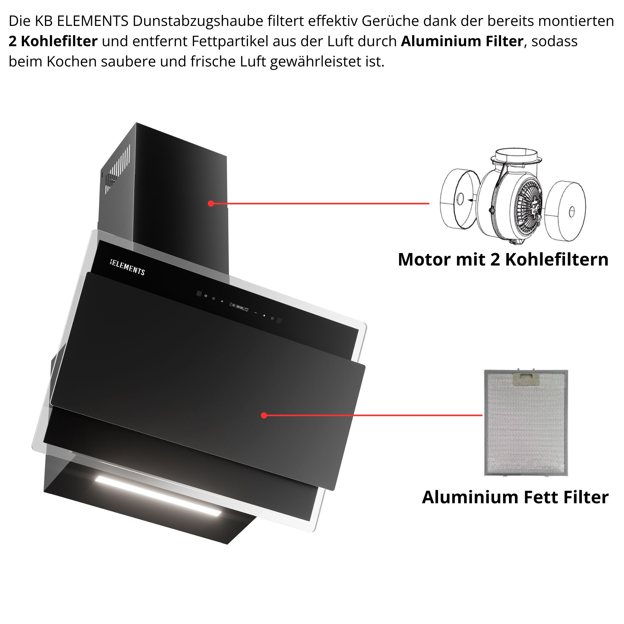 Schwarze Dunstabzugshaube mit Motor und Aluminium Fett Filter.