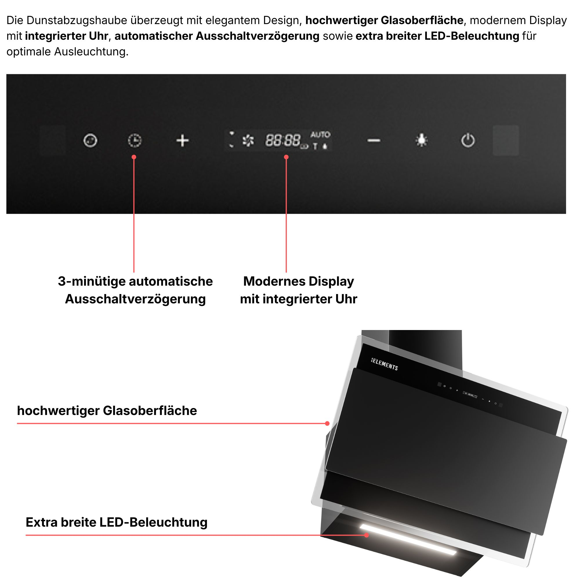 Schwarze Dunstabzugshaube mit Glasoberfläche, Display, Uhr und LED-Beleuchtung.