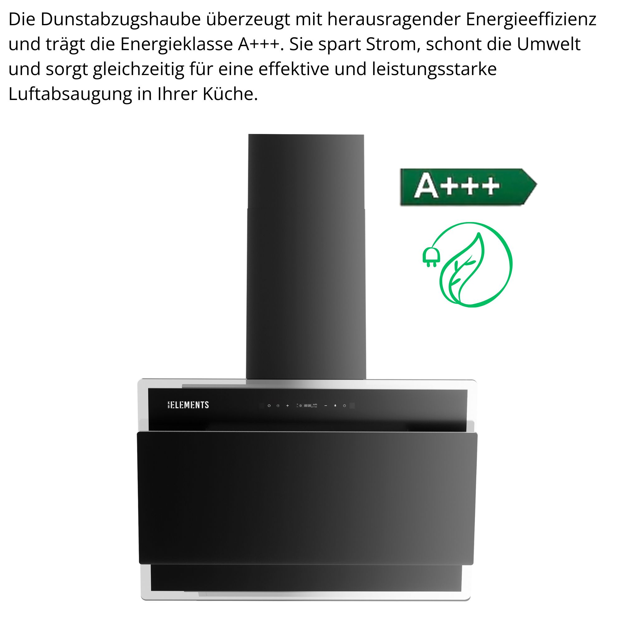 Eine Dunstabzugshaube mit A+++ Energieeffizienz und Blatt-Symbol.