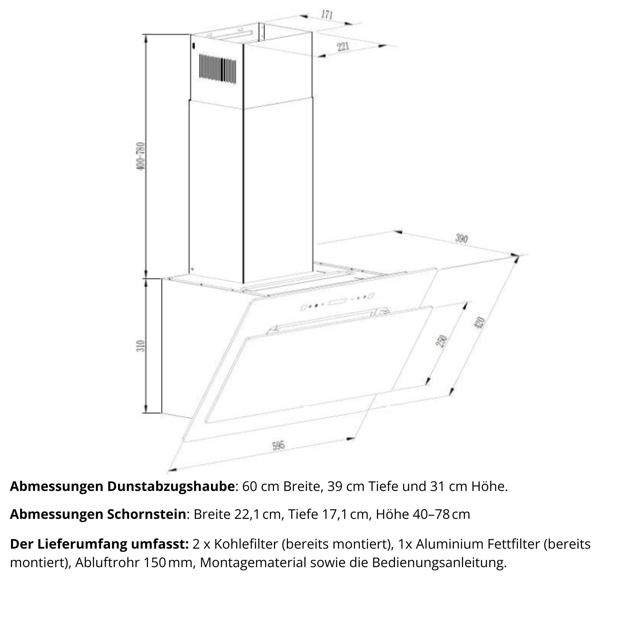 Diagramm einer Dunstabzugshaube mit Maßen. Zeigt Höhen-, Breiten- und Tiefenmaße.