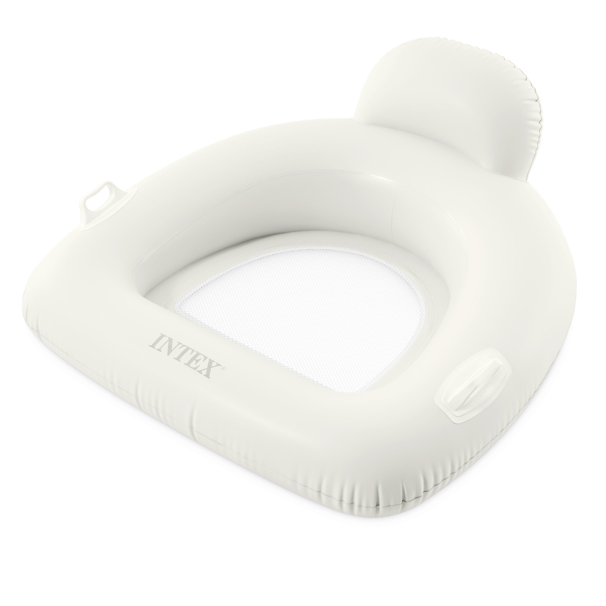 Biały dmuchany materac do pływania z siatkowym siedziskiem i zagłówkiem. Widoczne logo Intex.