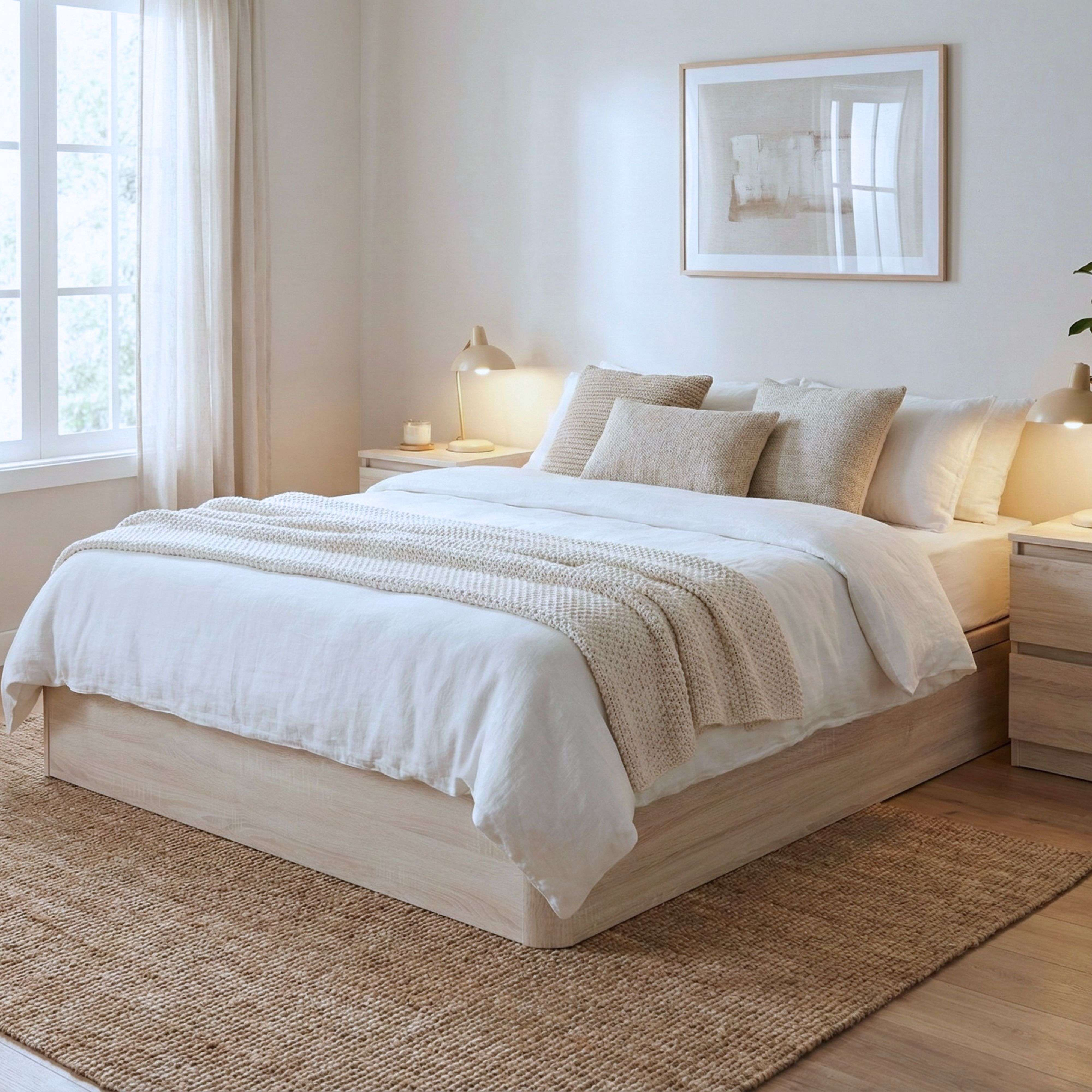 Un dormitorio luminoso con cama de madera, ropa de cama blanca y cojines.
