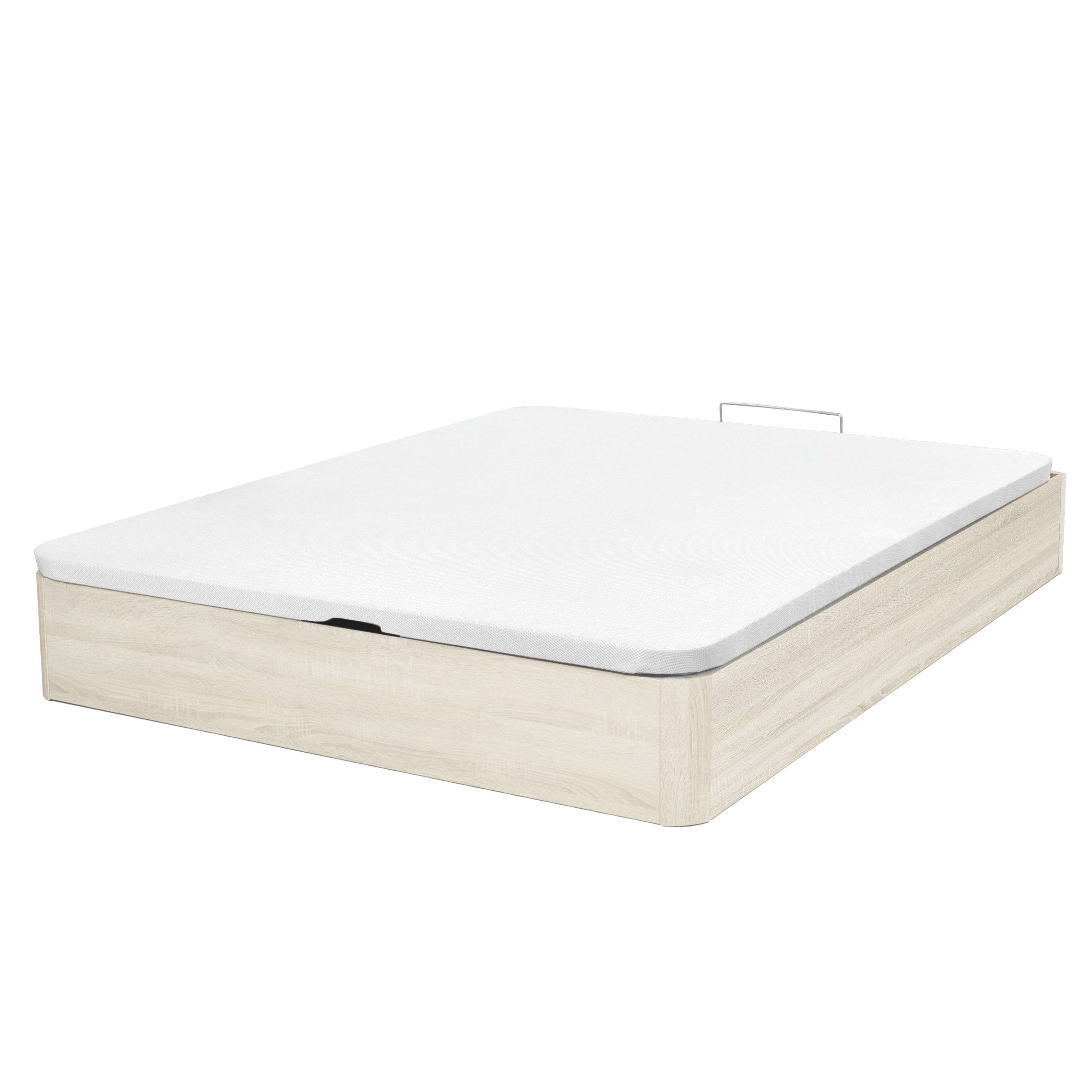 Una base de cama de madera con un colchón blanco y un asa de metal.