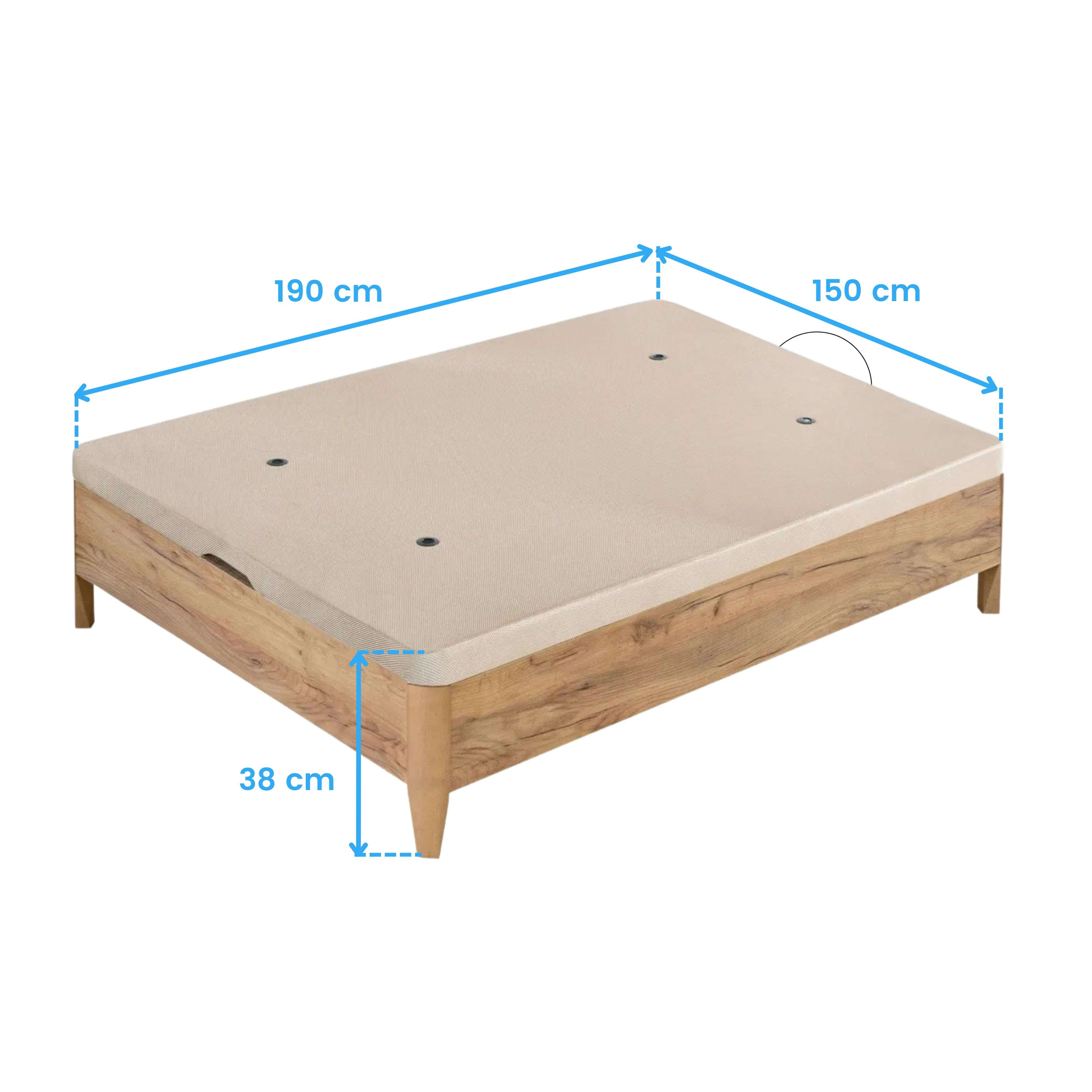 Base de cama de madera, medidas 190x150x38 cm.