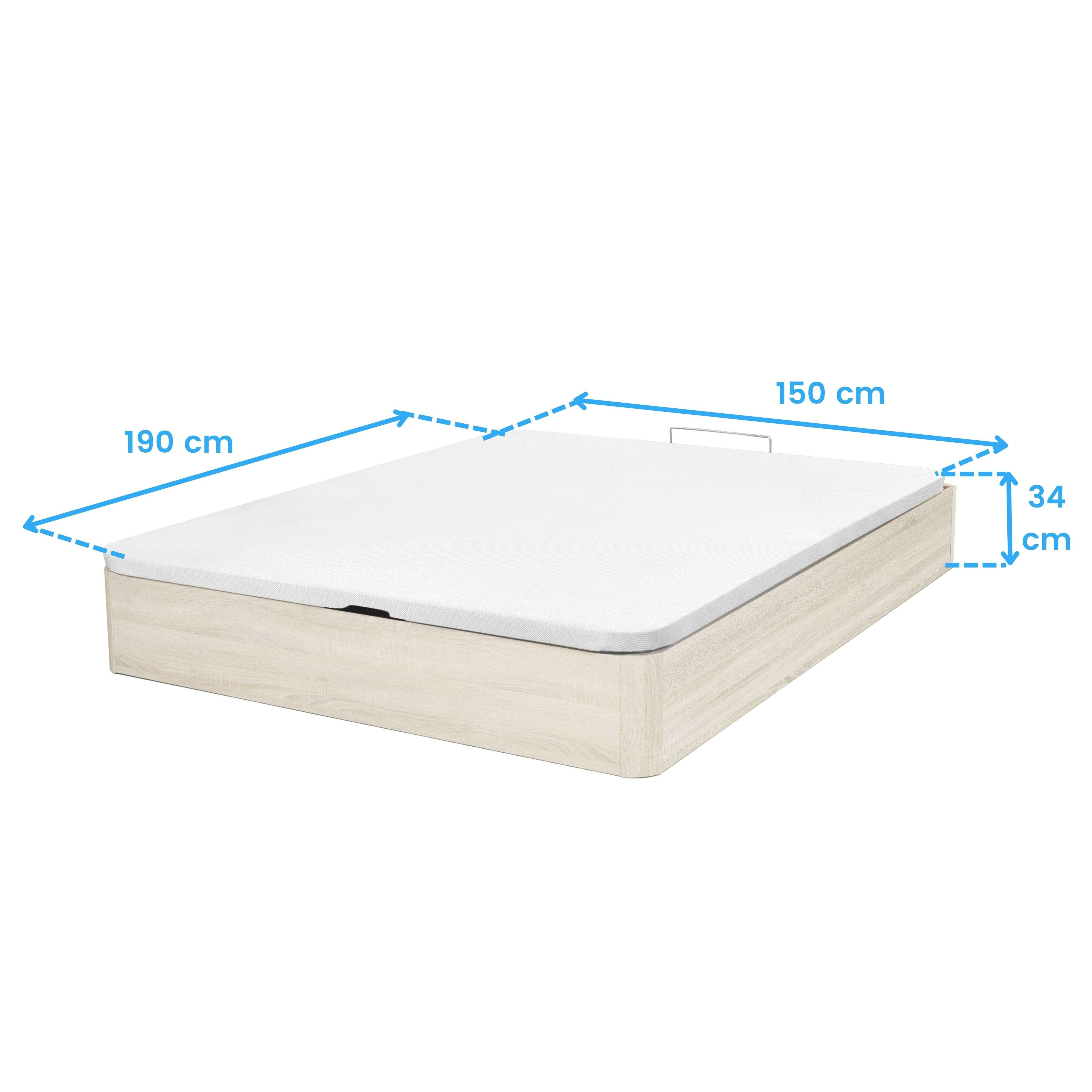 Una base de cama con colchón blanco, mide 190x150x34 cm.