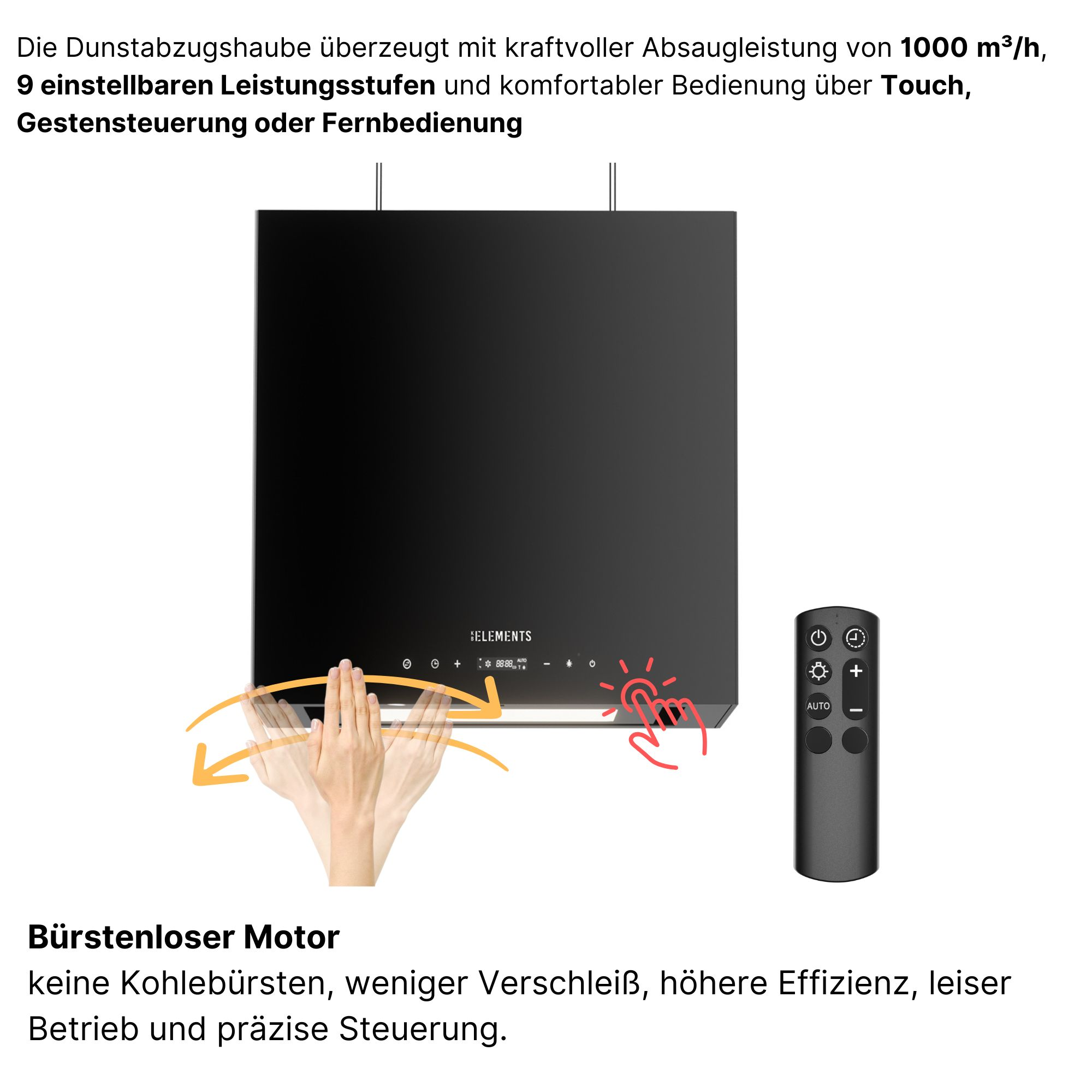Schwarze Dunstabzugshaube mit Fernbedienung, Touch- und Gestensteuerung.
