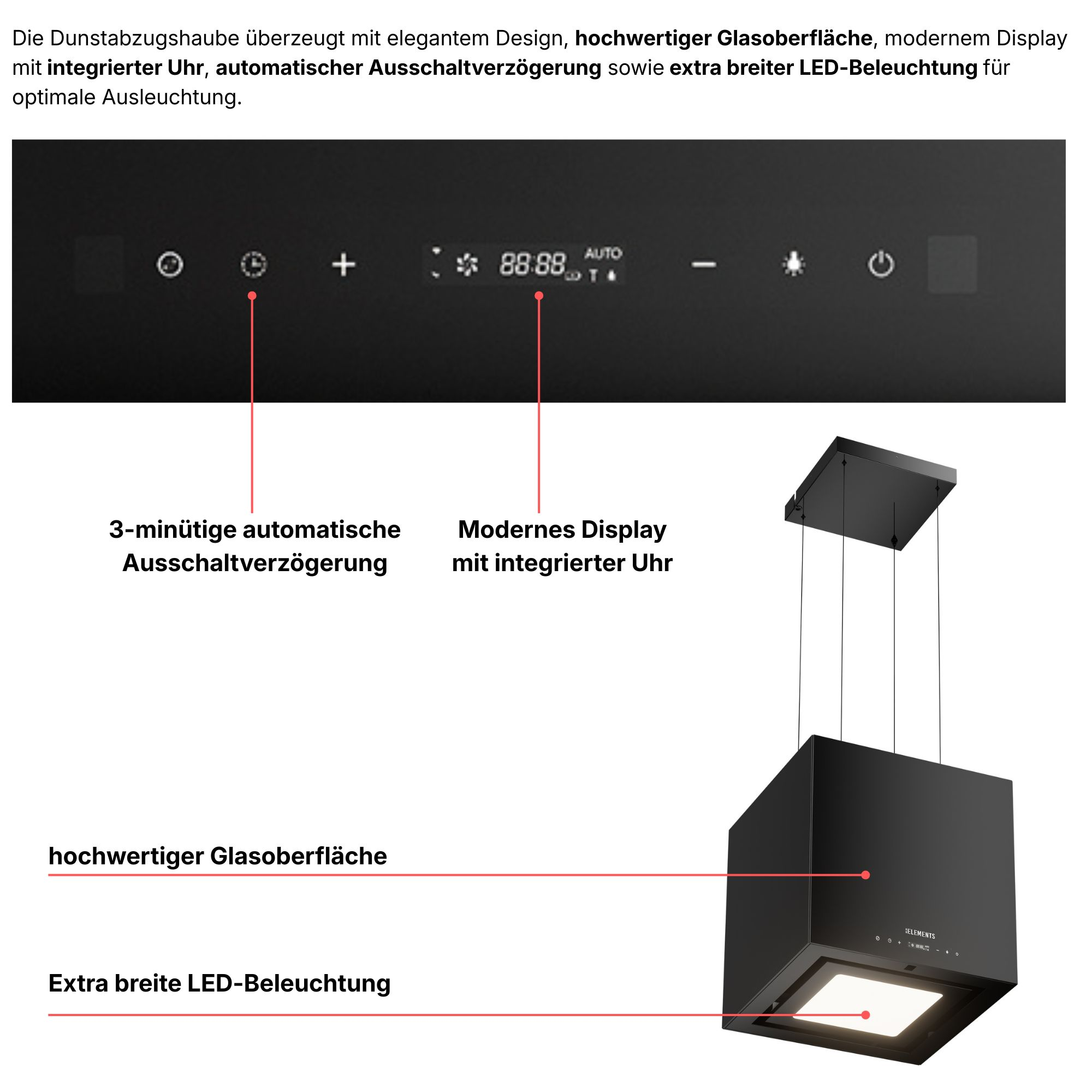 Schwarze Dunstabzugshaube mit Glasfront, Display und LED-Beleuchtung.