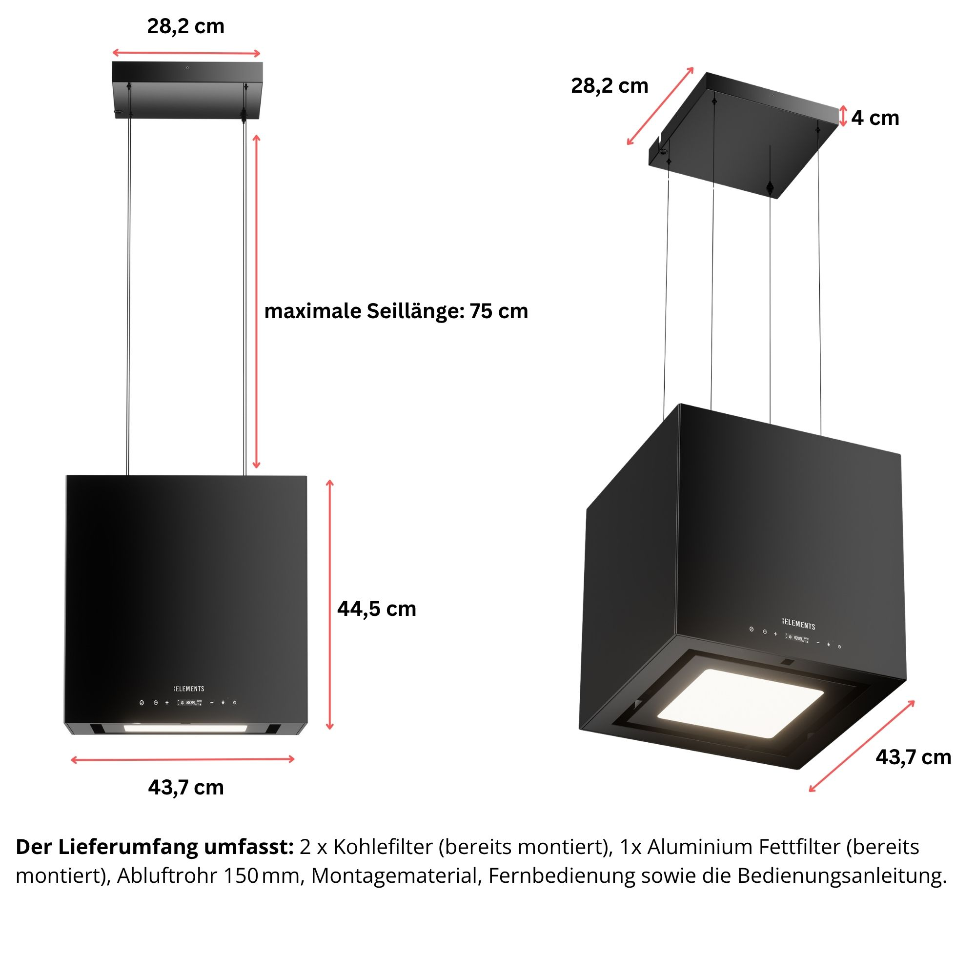 Zwei Ansichten einer schwarzen Dunstabzugshaube mit Maßangaben: 28,2 cm, 44,5 cm, 43,7 cm.