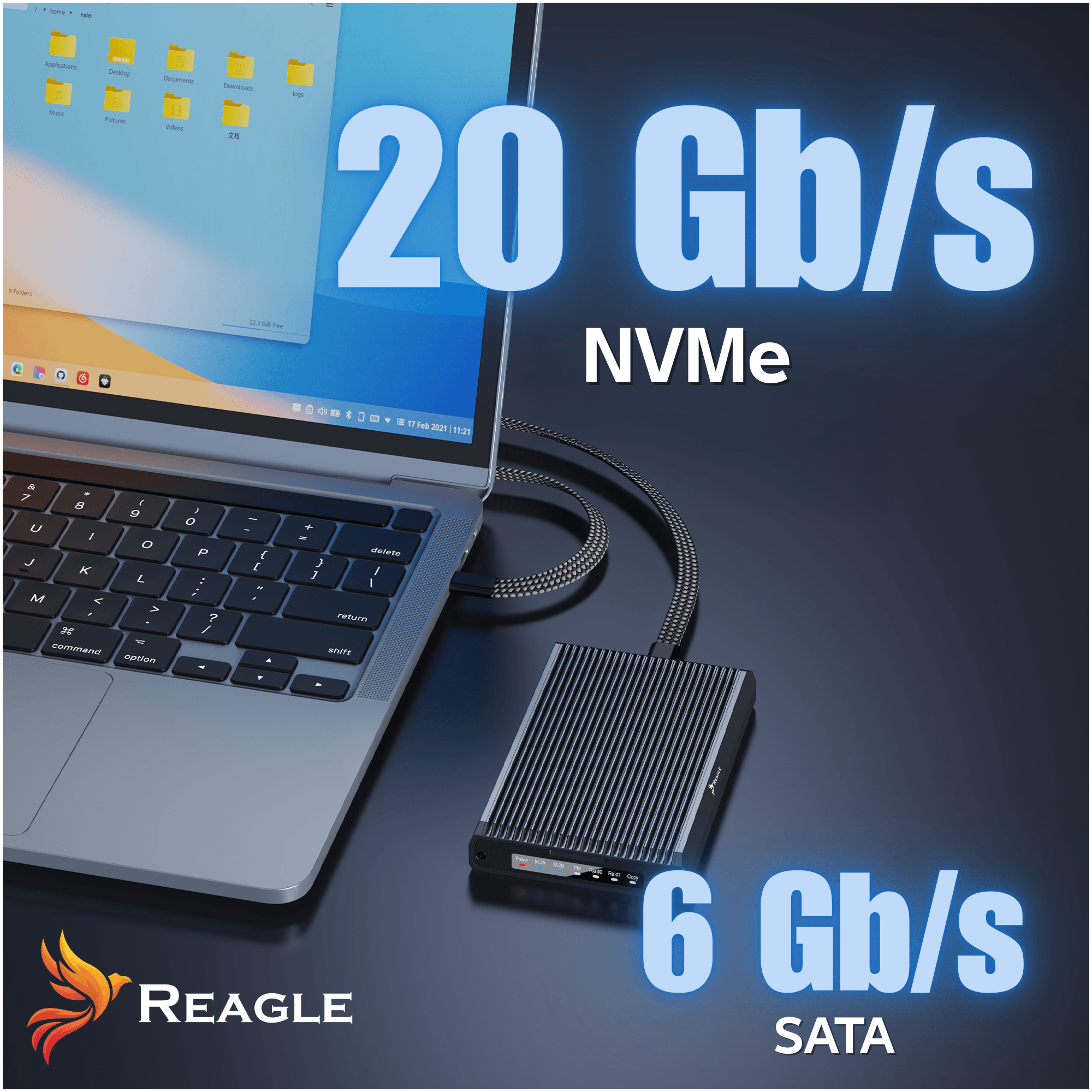 Laptop podłączony do zewnętrznych dysków NVMe i SATA, pokazujący prędkości 20 Gb/s i 6 Gb/s.
