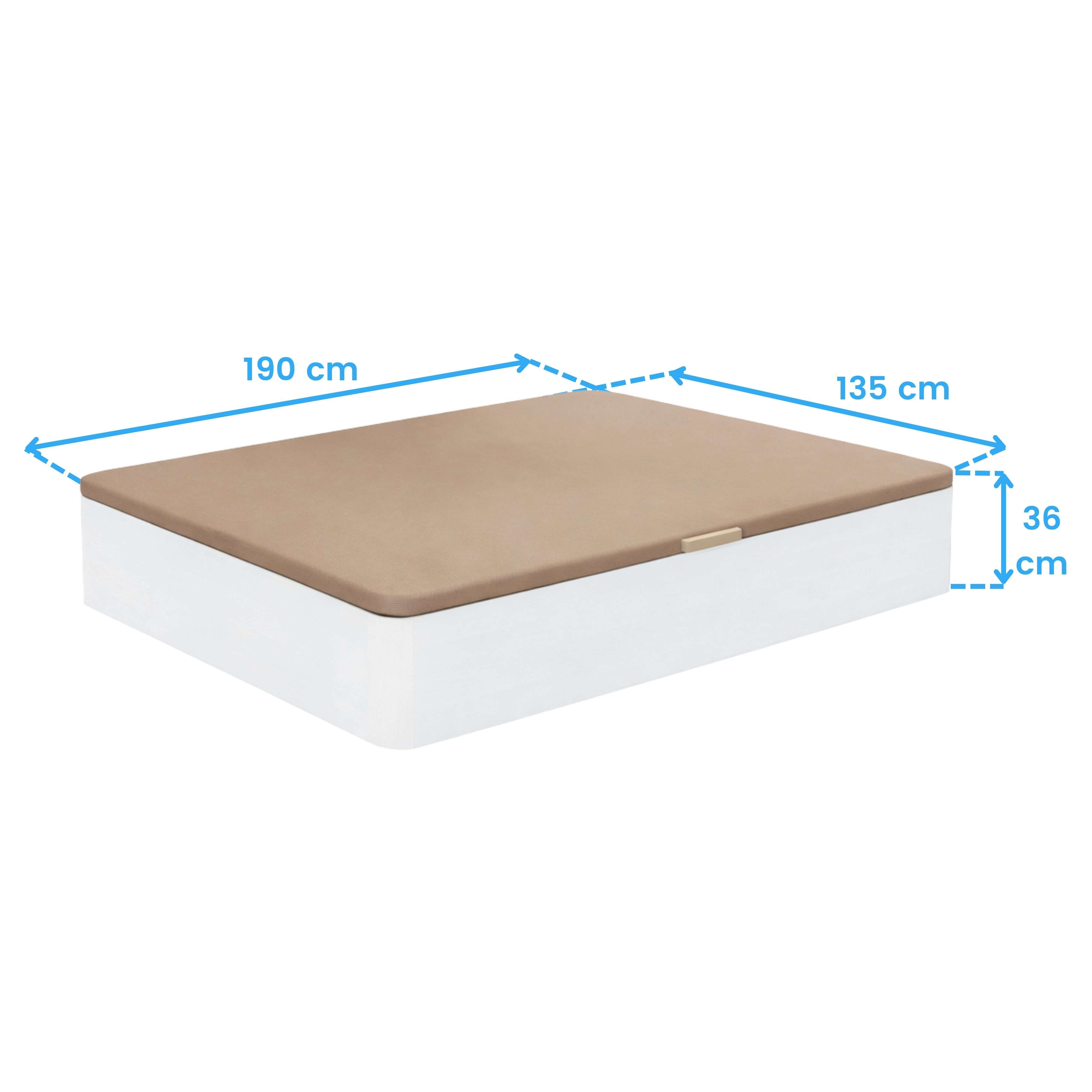 Una base blanca con tapa marrón, mide 190x135x36cm.