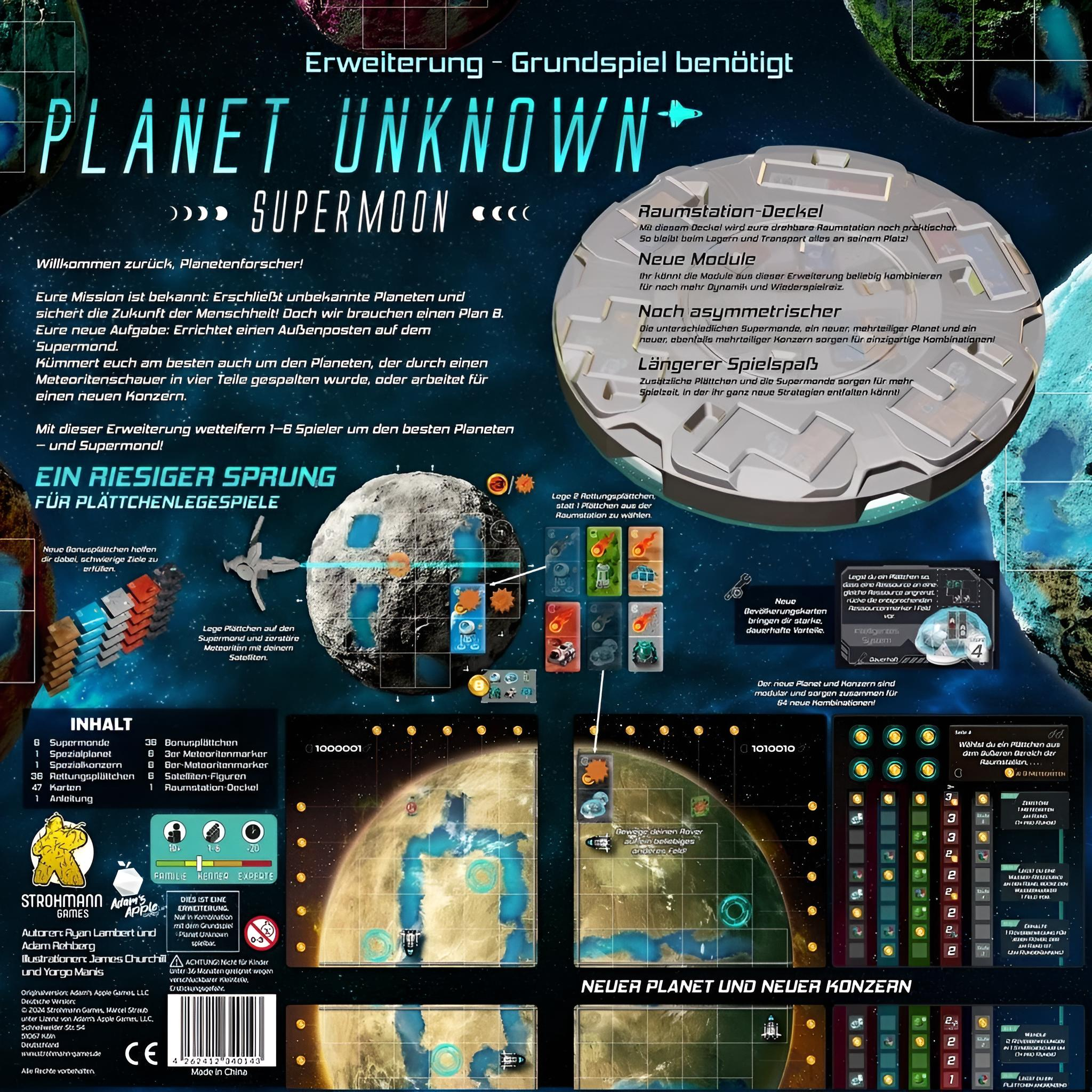 Planet Unknown: Supermoon Erweiterung Spielbrett mit Planeten, Raumstation und Spielkomponenten.