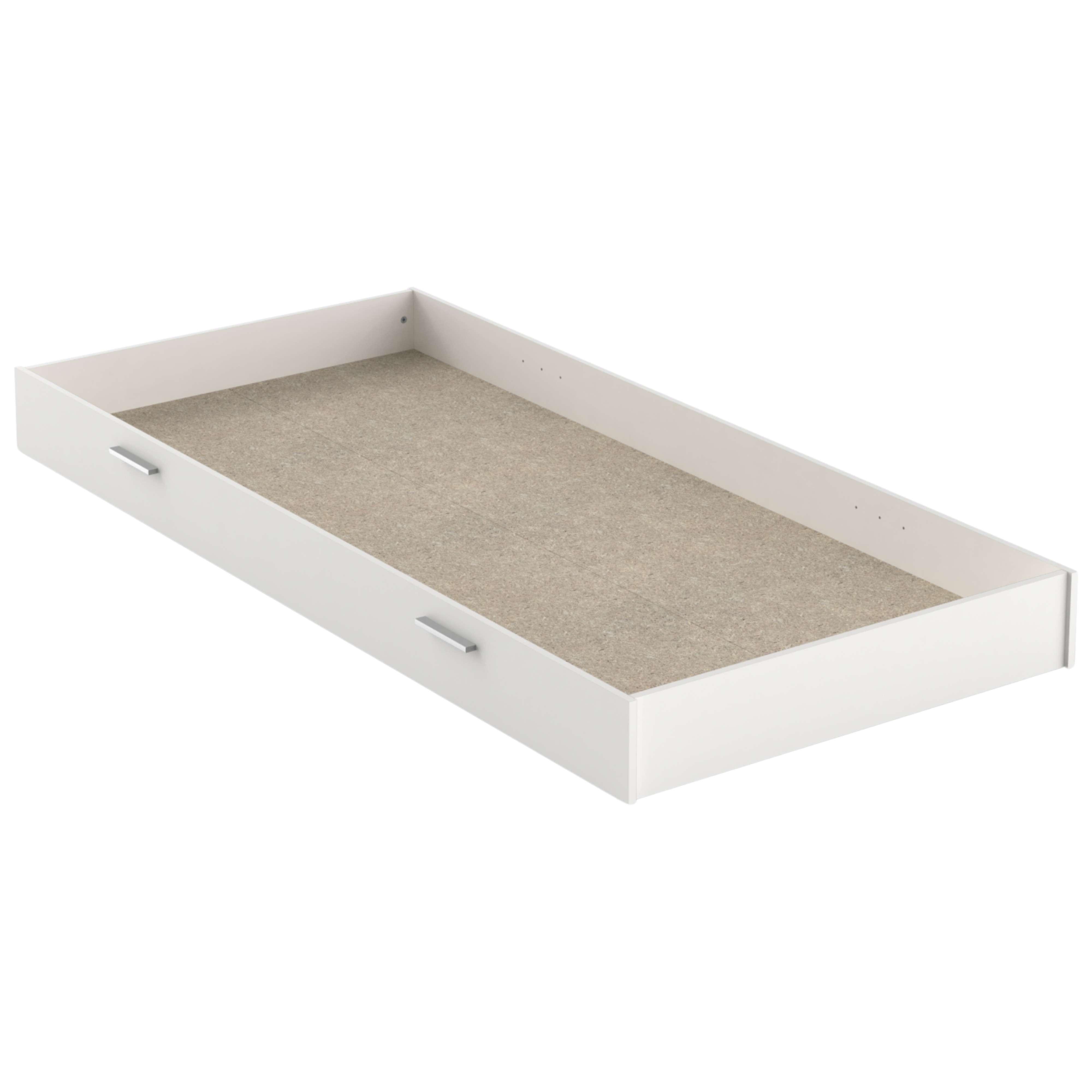 Un cajón blanco para debajo de la cama con un tirador plateado y base marrón.
