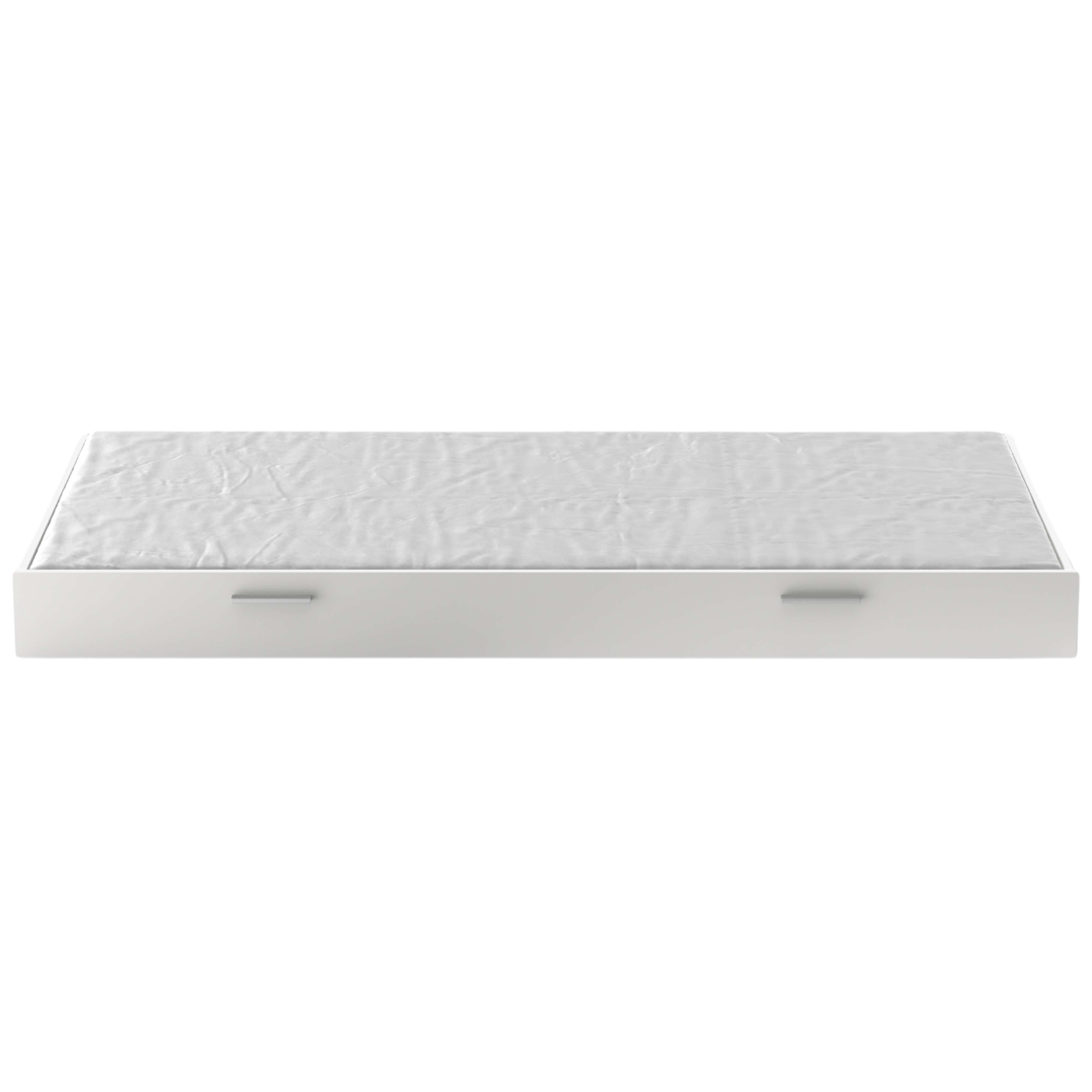 Un marco de cama blanco con cubierta gris y dos tiradores plateados.