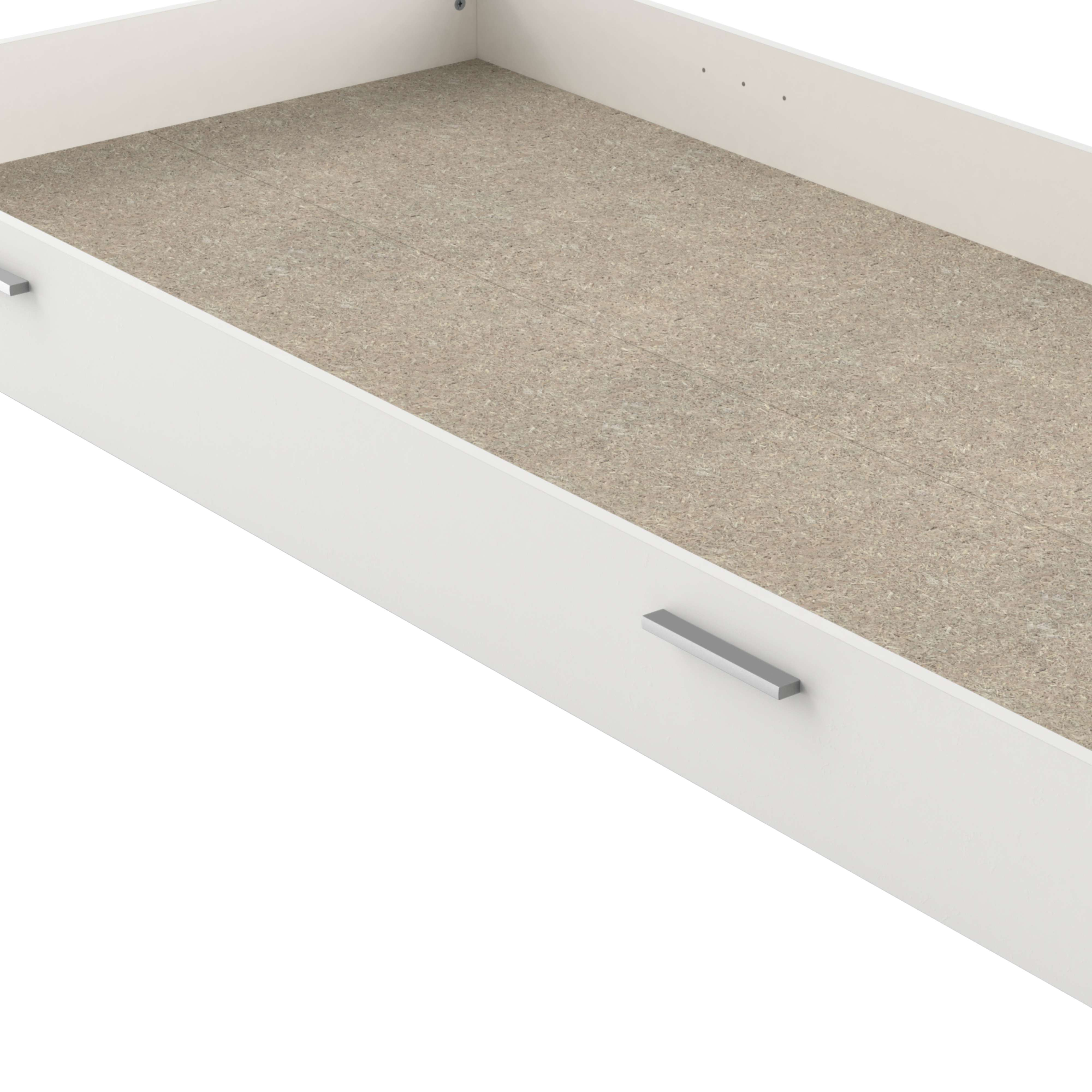 Cajón blanco con tirador plateado y base de madera compuesta.