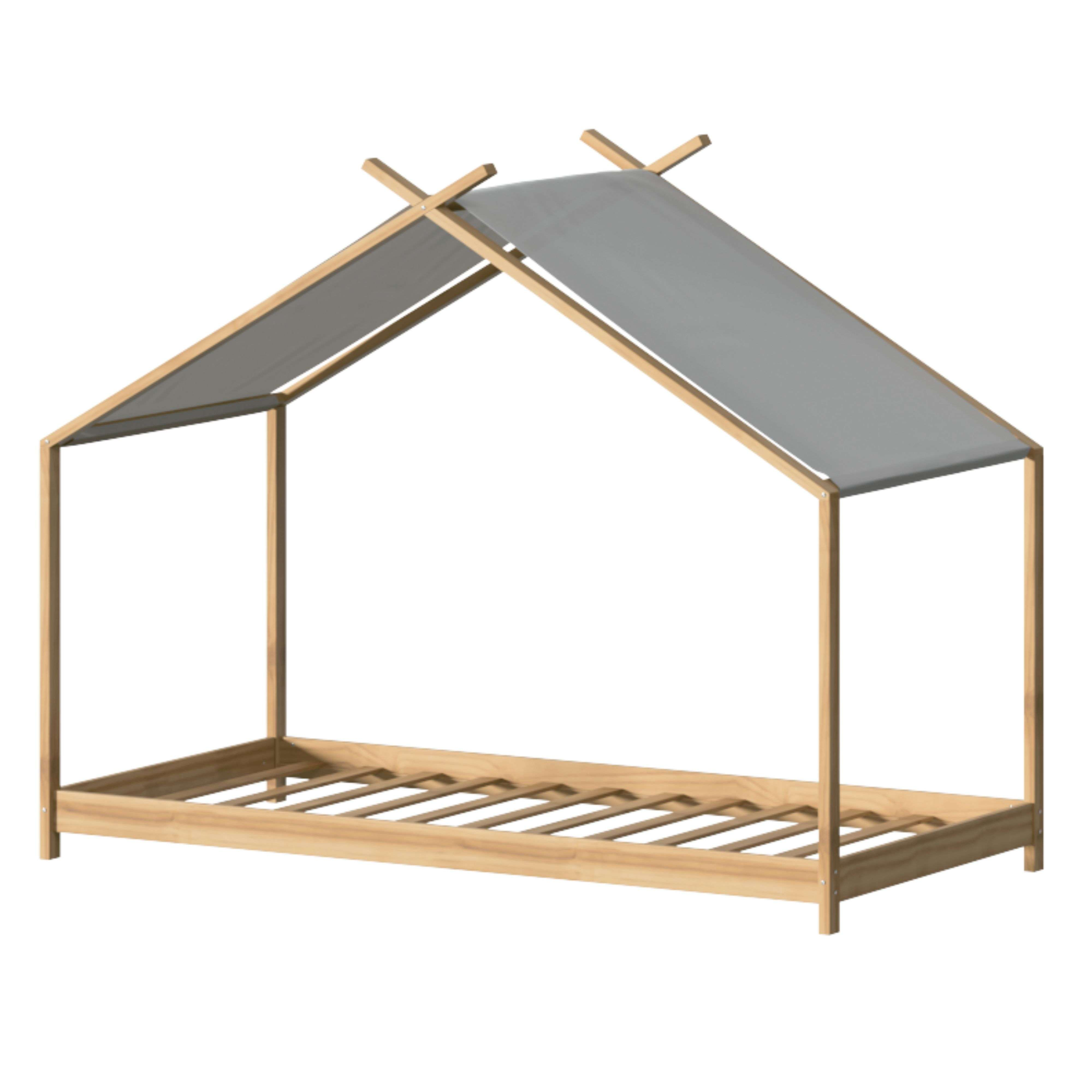 Un somier de madera con dosel gris en forma de casa.