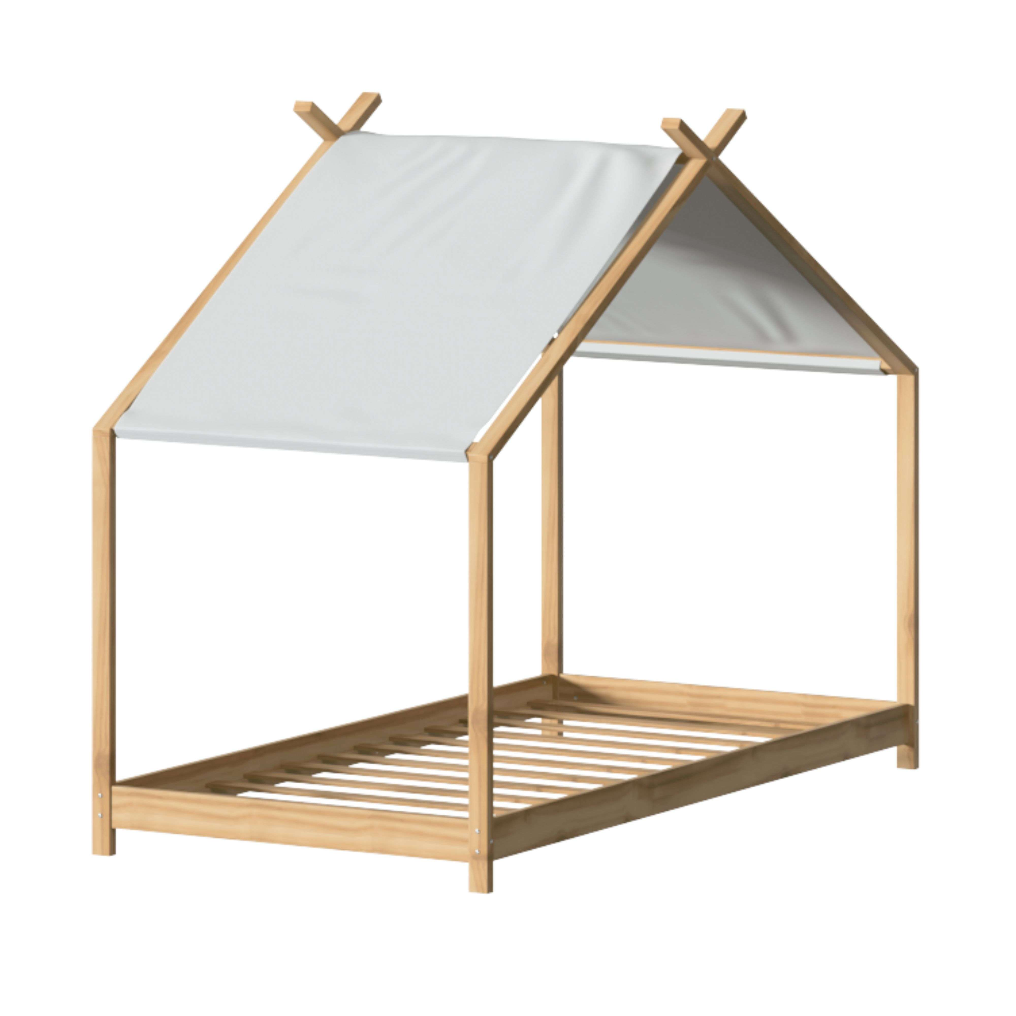Estructura de cama de madera con dosel blanco en forma de casa.