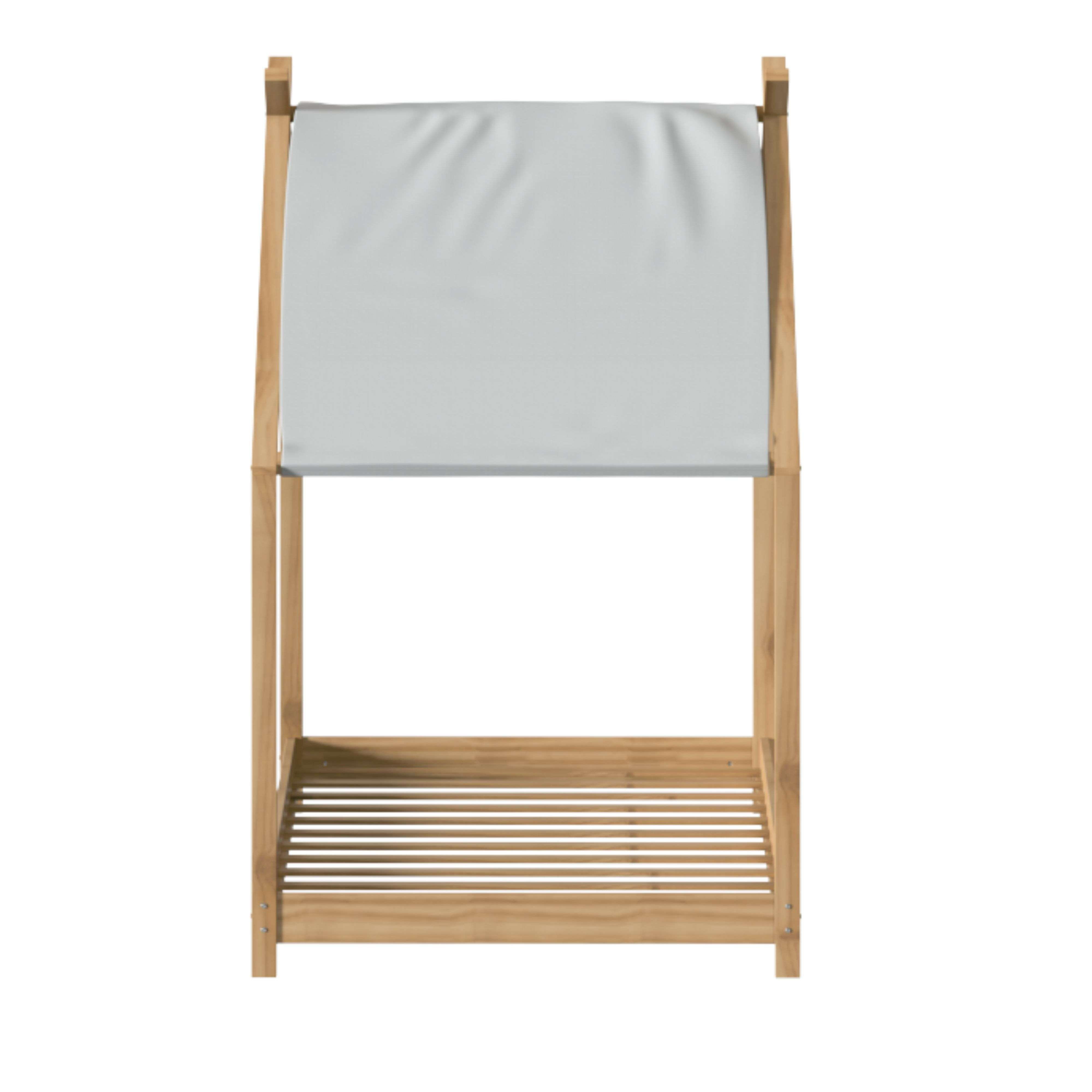 Un marco de madera con tela blanca y un estante.