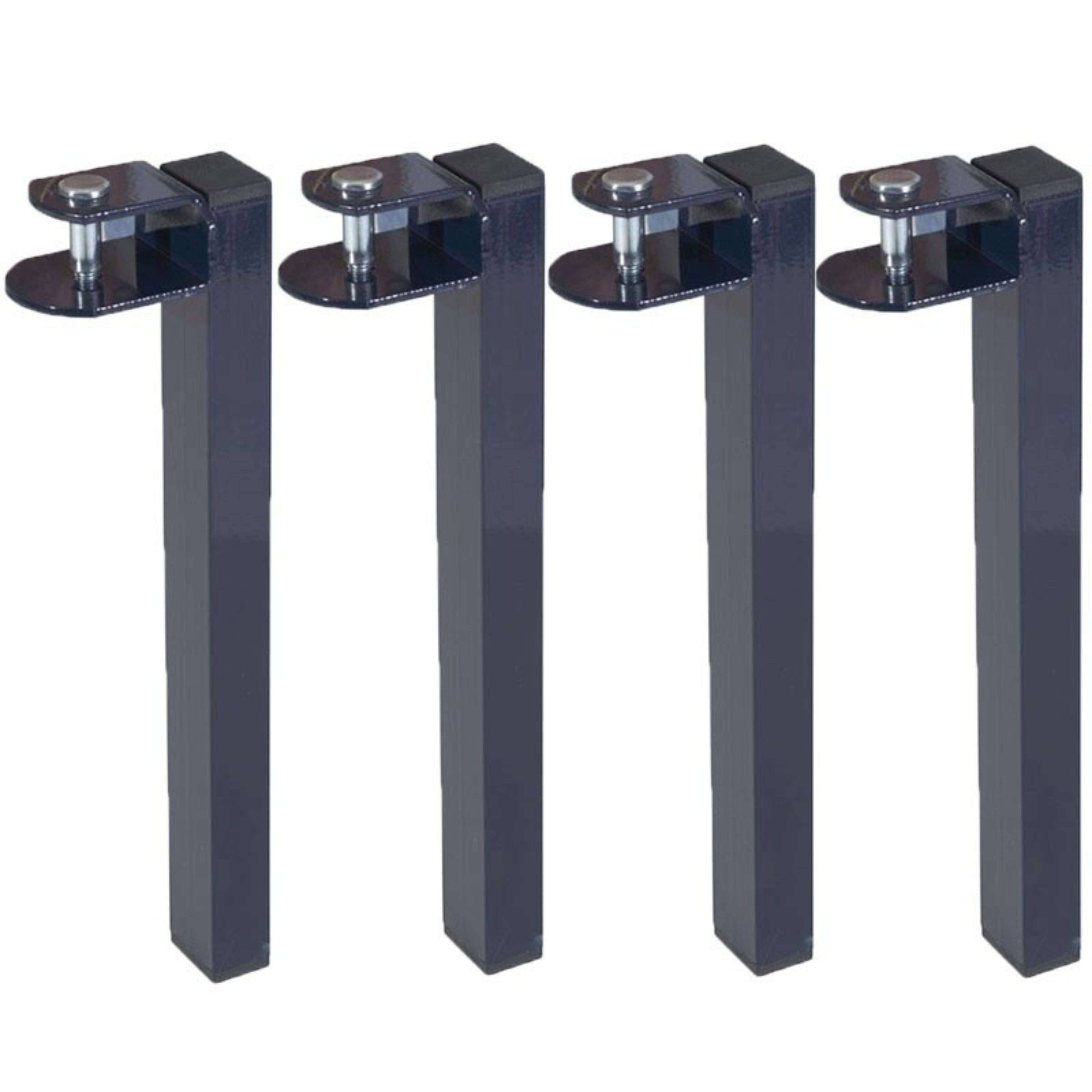 Cuatro patas metálicas rectangulares oscuras con abrazaderas y tornillos plateados.