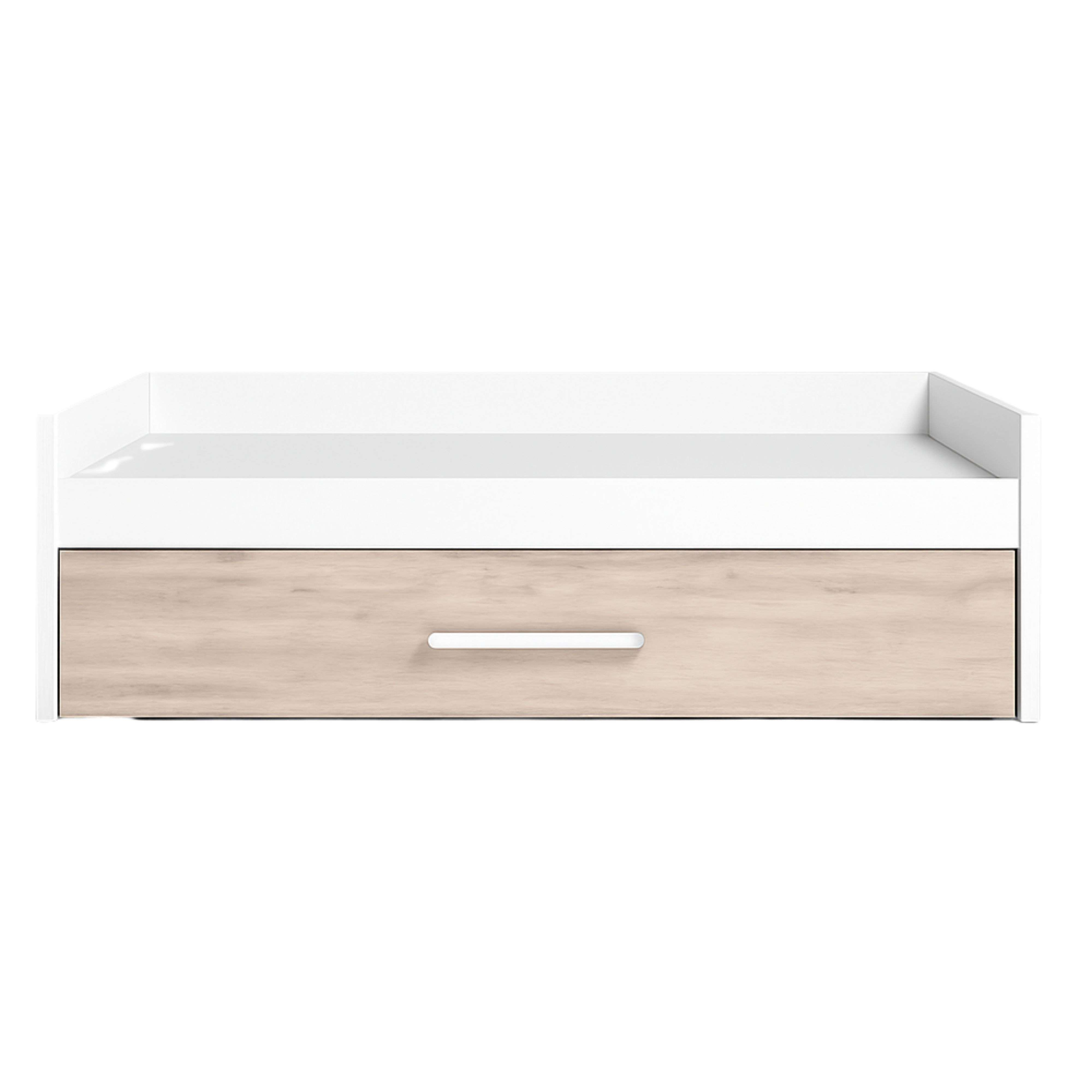 Un estante flotante con un cajón y acabado de veta de madera.