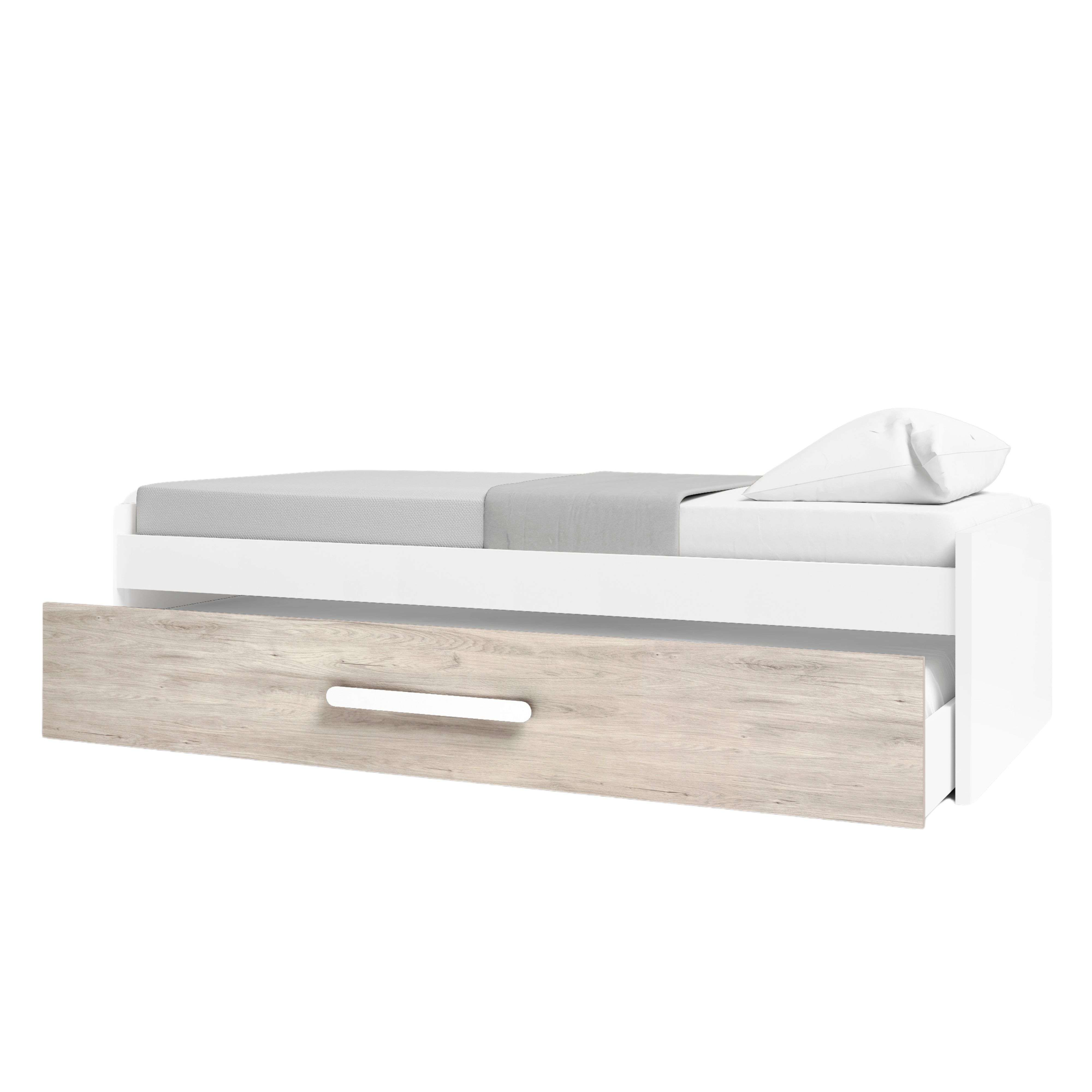 Una cama blanca con un cajón extraíble con acabado de veta de madera.