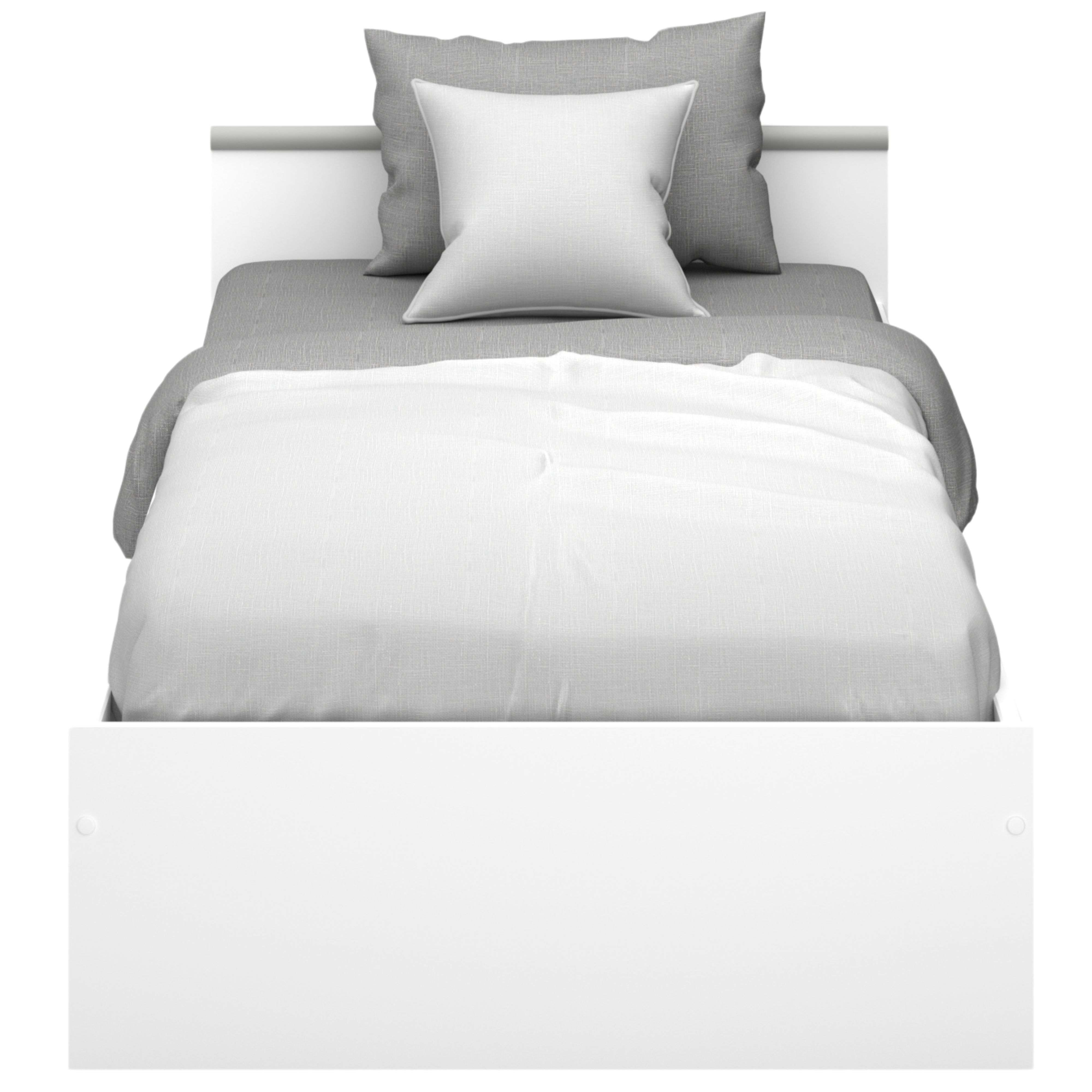 Una cama blanca con ropa de cama gris y dos almohadas.