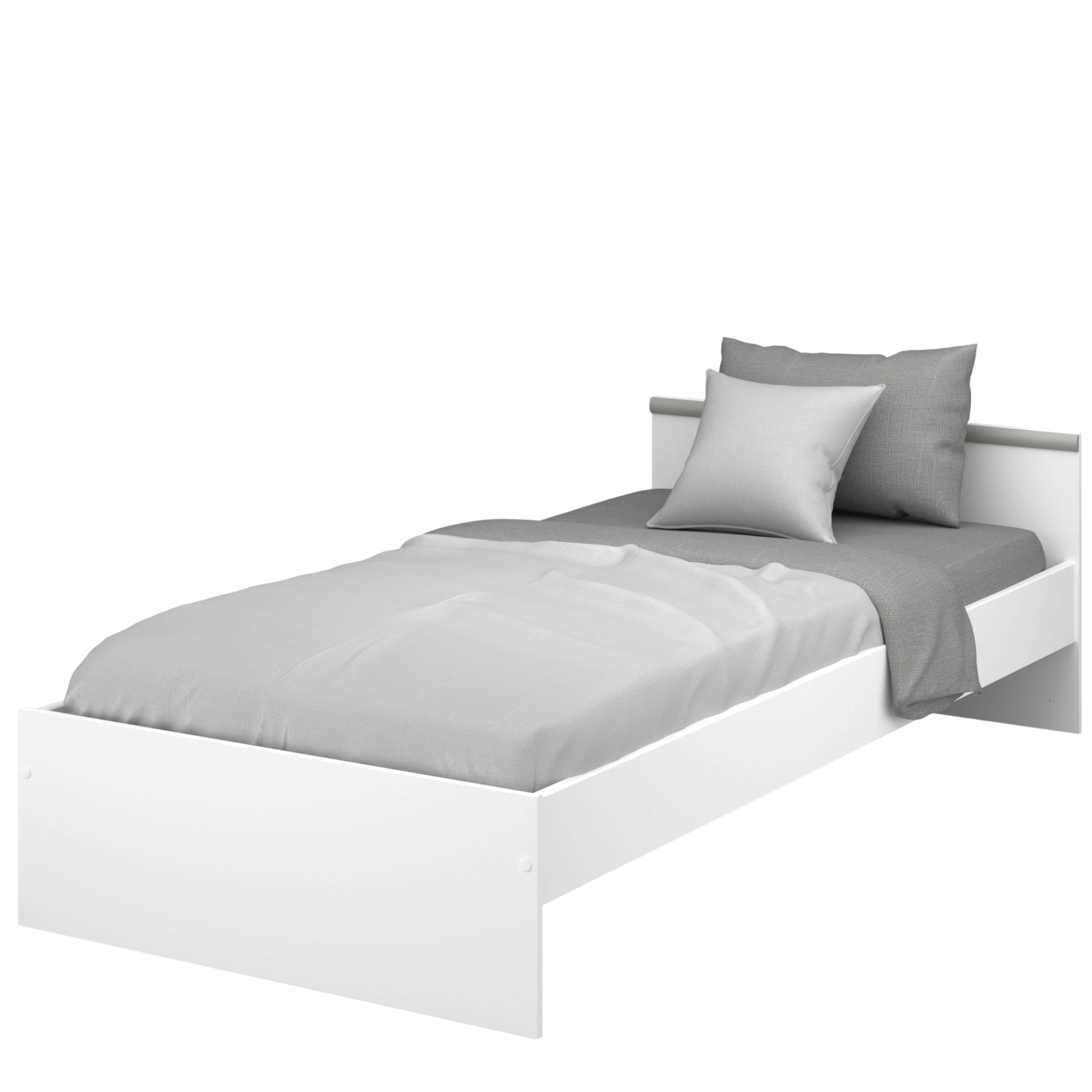 Una cama blanca con ropa de cama gris y dos almohadas.