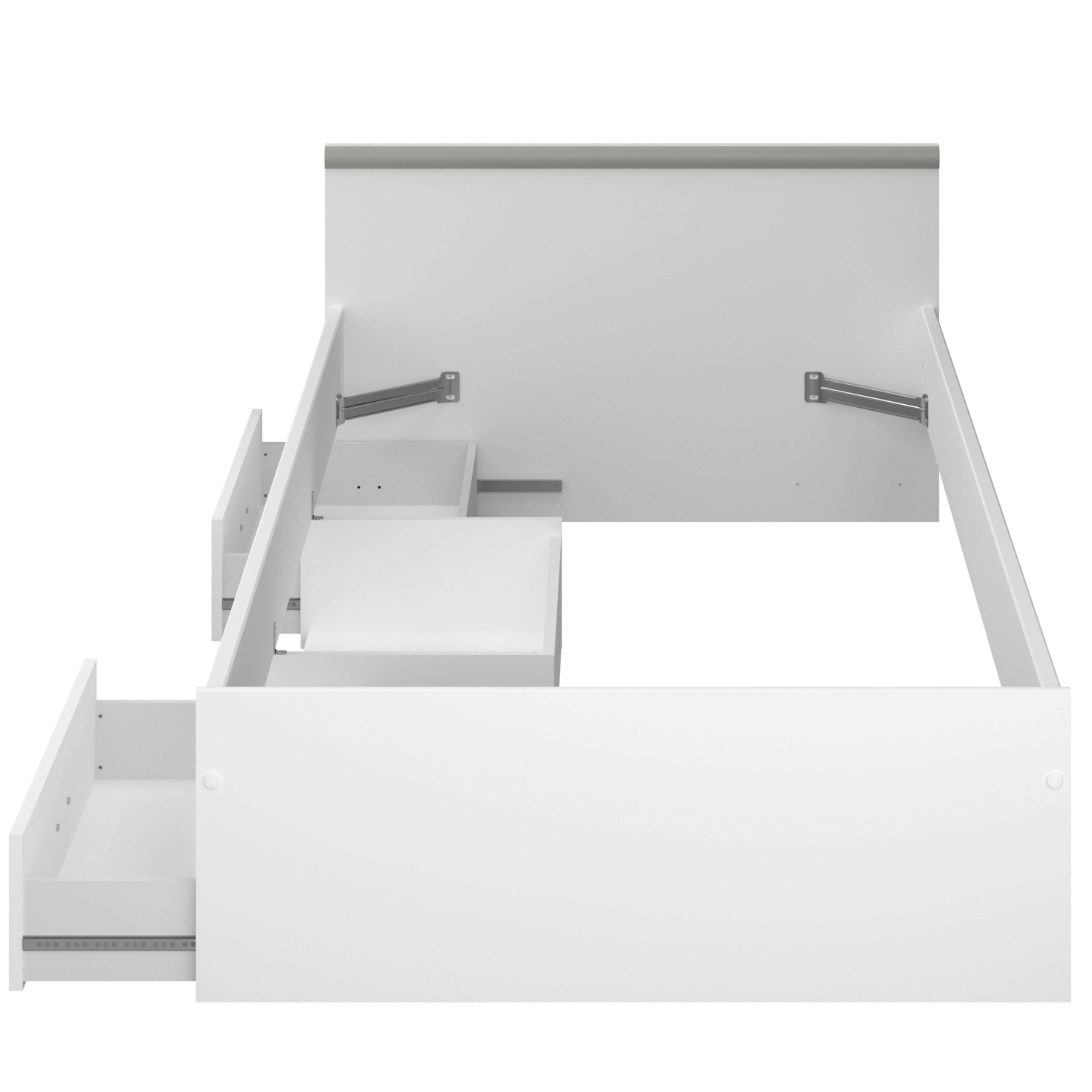 Estructura de cama blanca con cajones, uno abierto. Se ven herrajes metálicos.