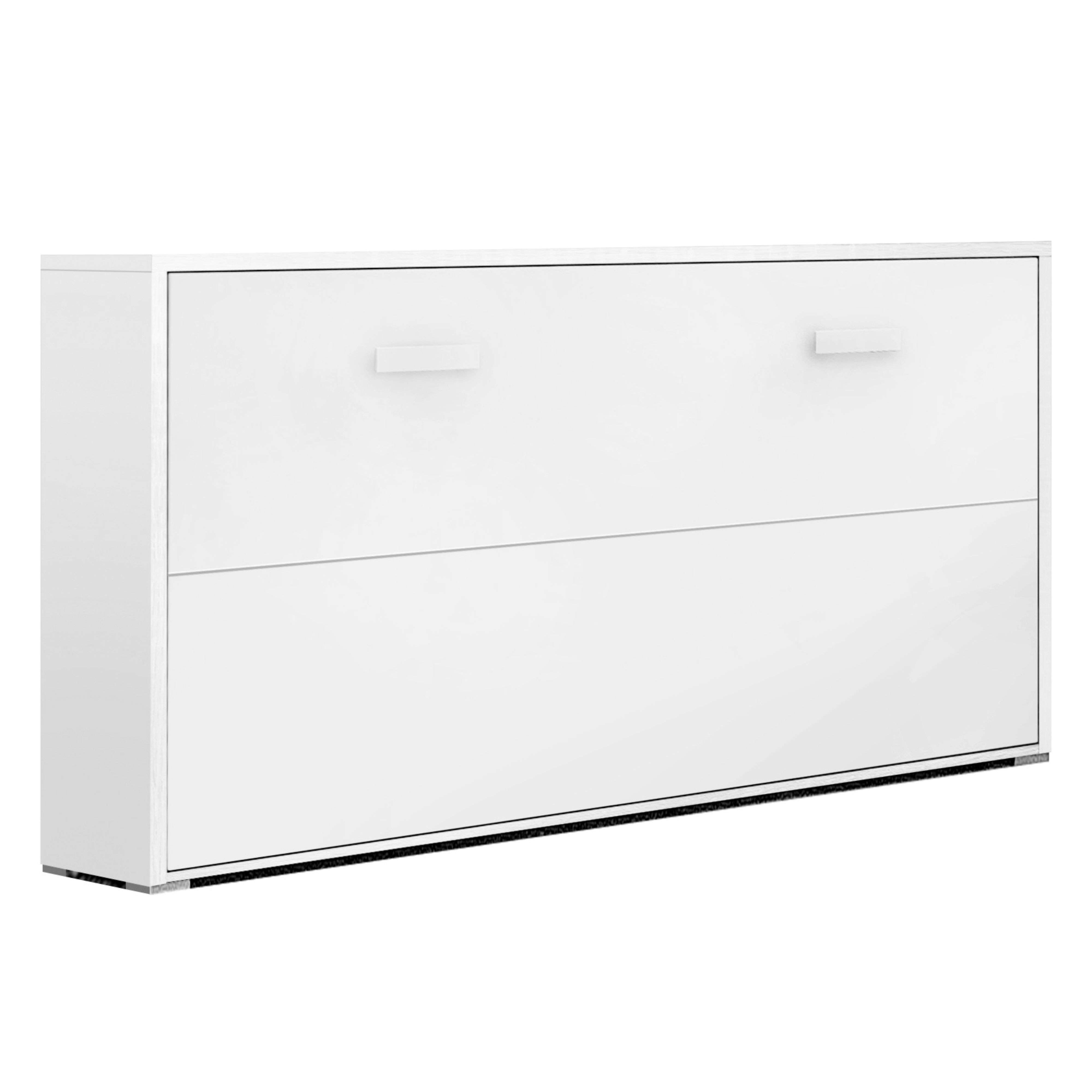 Un armario blanco con dos puertas y dos tiradores. Hay una tira en la parte inferior.