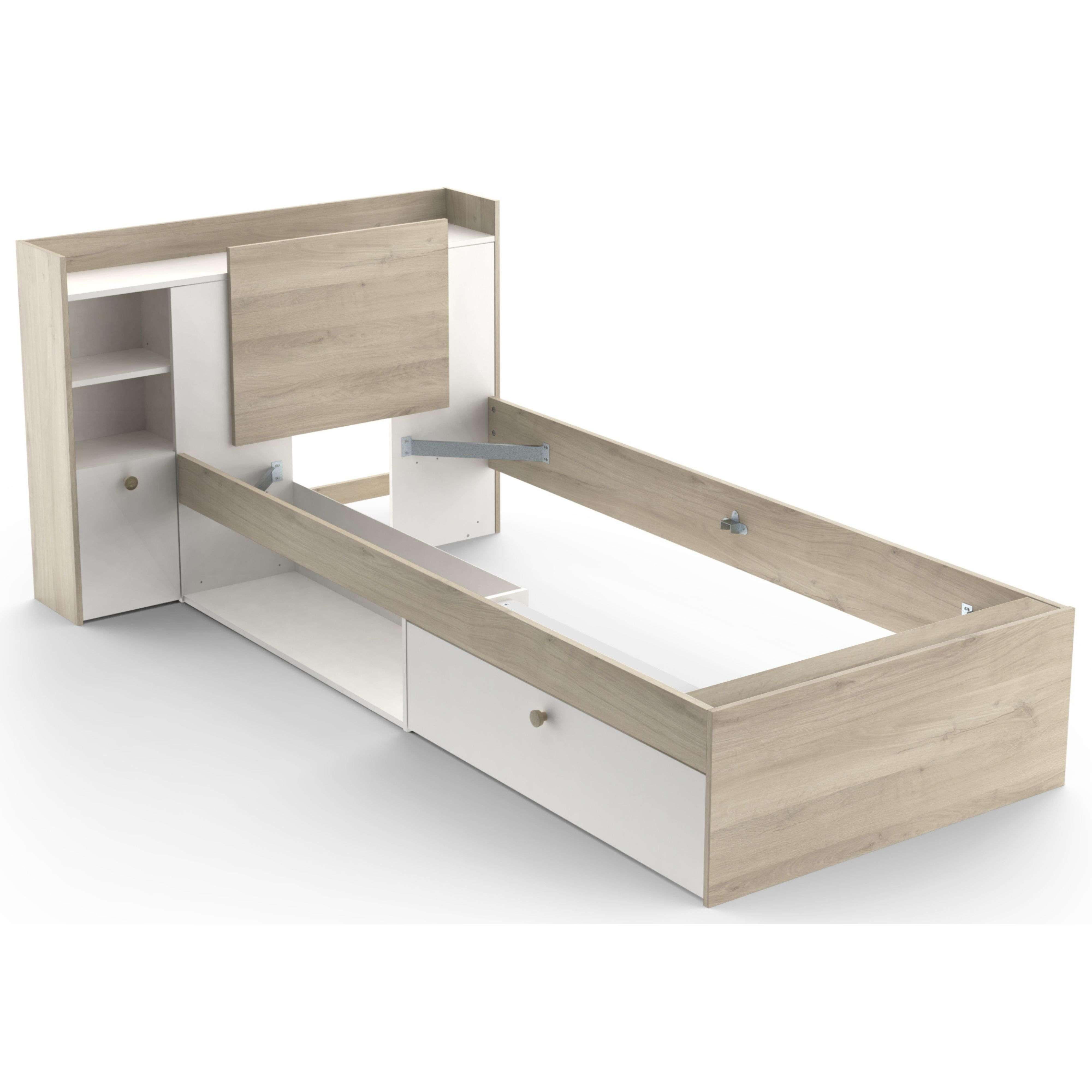 Una estructura de cama de madera clara y blanca con cajones y estantes.
