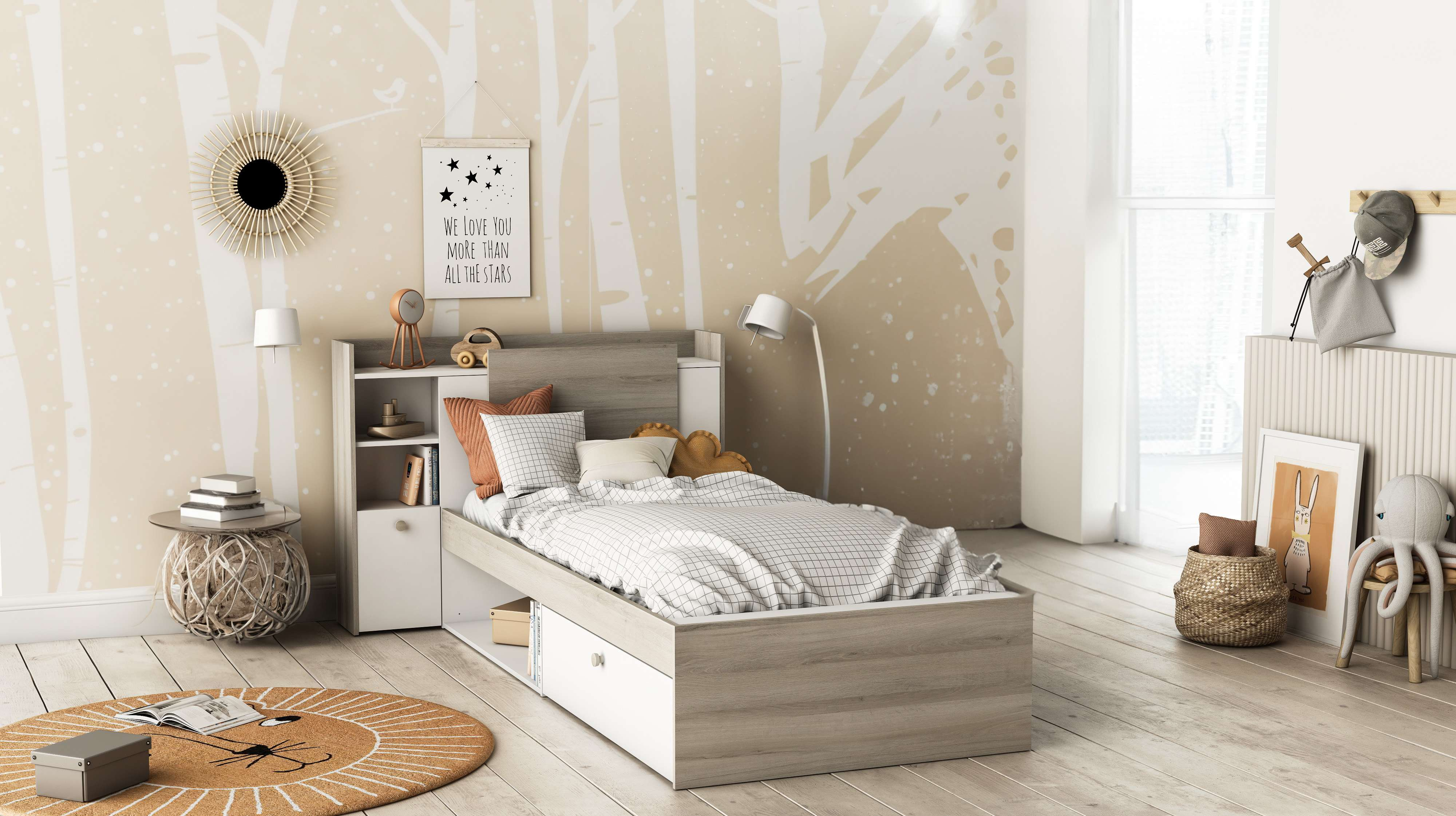 Habitación infantil con cama, mesita de noche, alfombra y decoración.