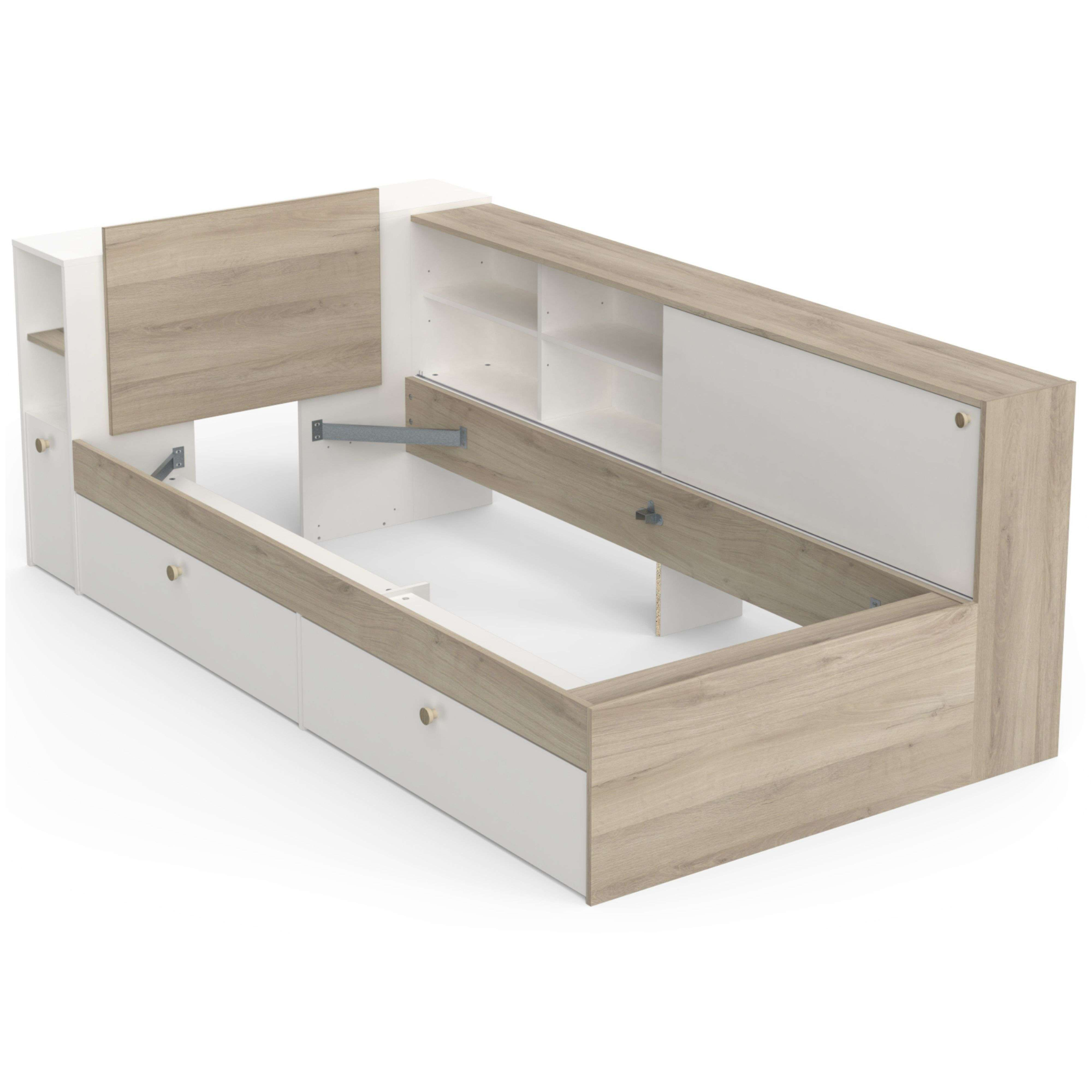Estructura de cama blanca y madera natural con cajones y estantes.
