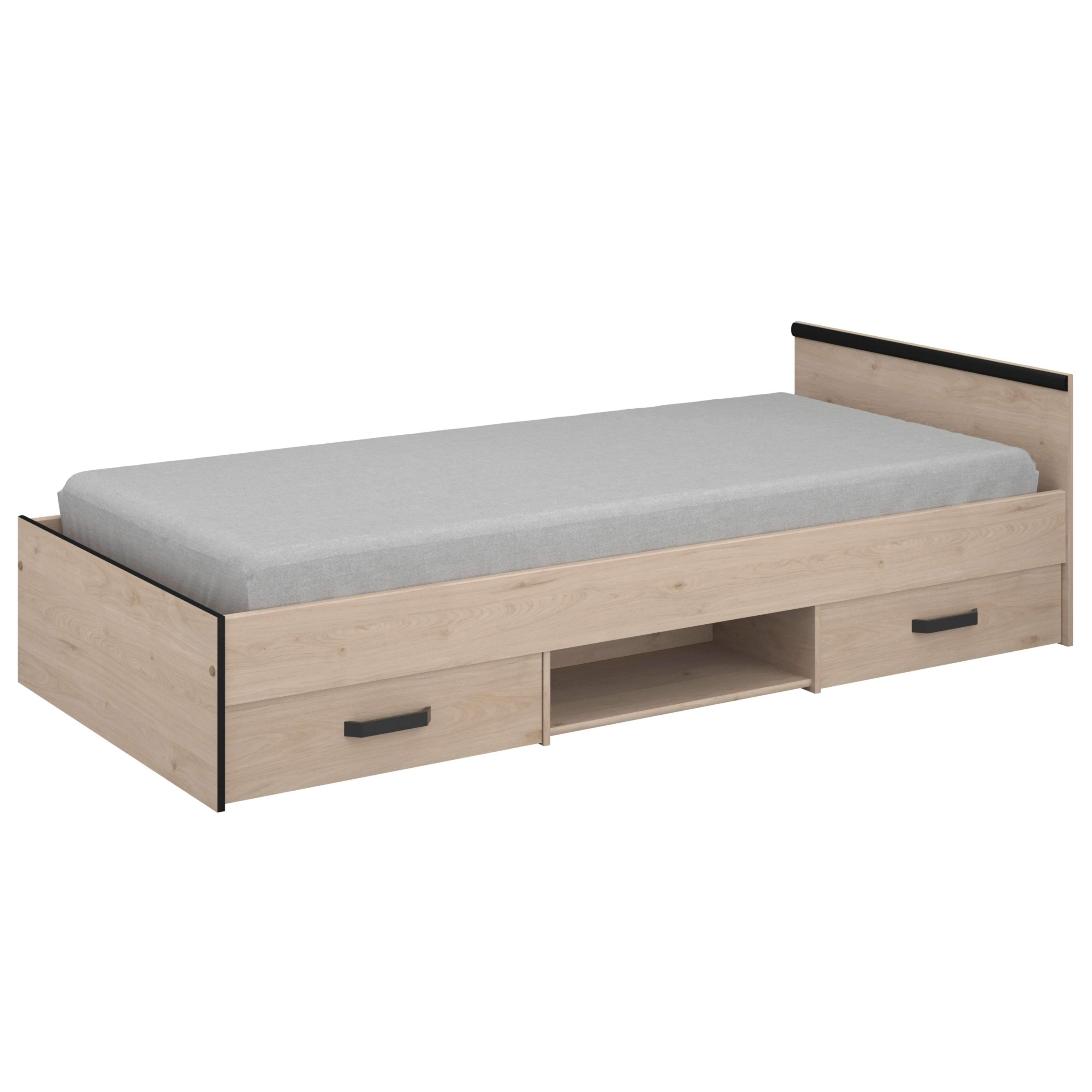Una cama individual de madera clara con colchón gris y tiradores negros.