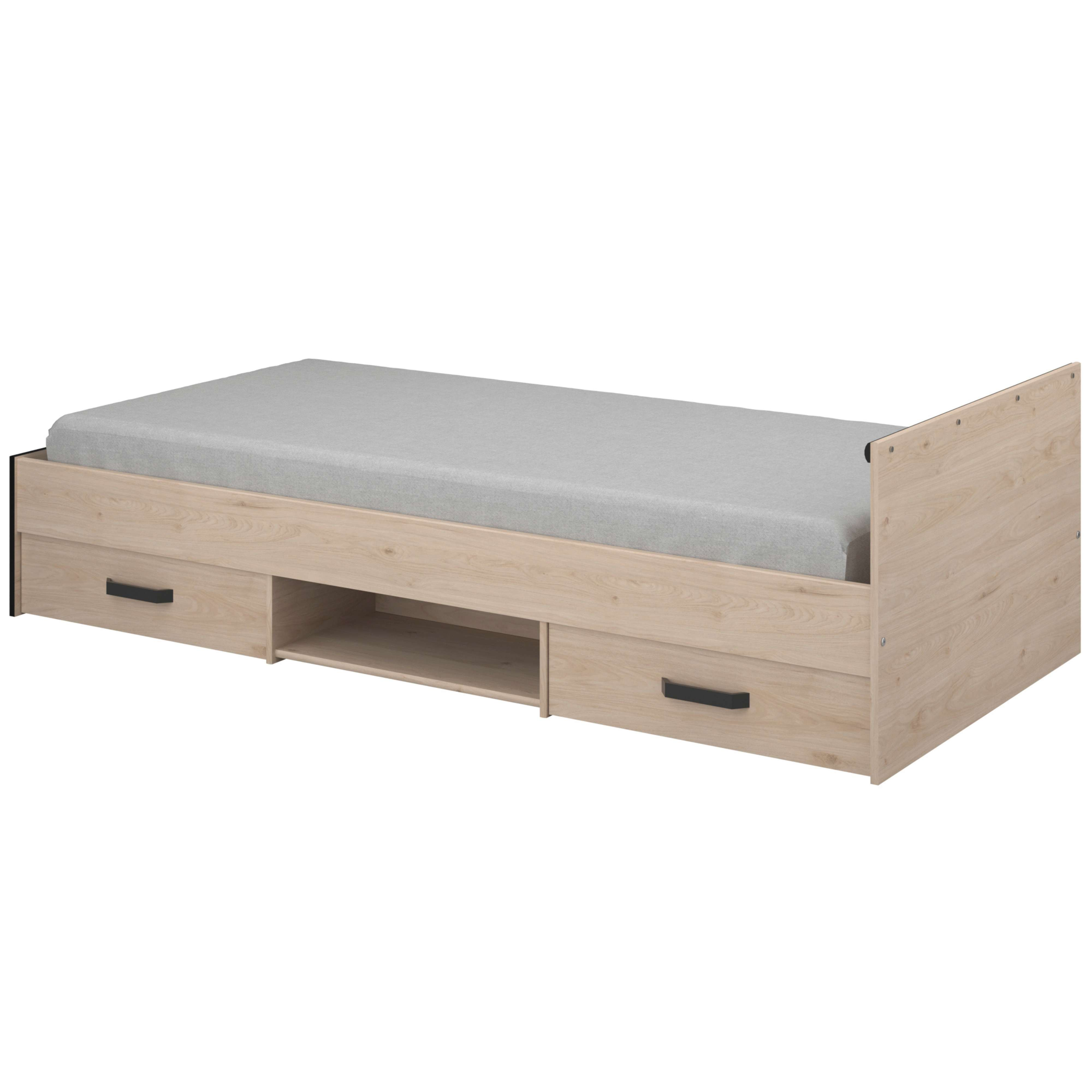 Cama individual de madera con colchón gris, dos cajones y estante.