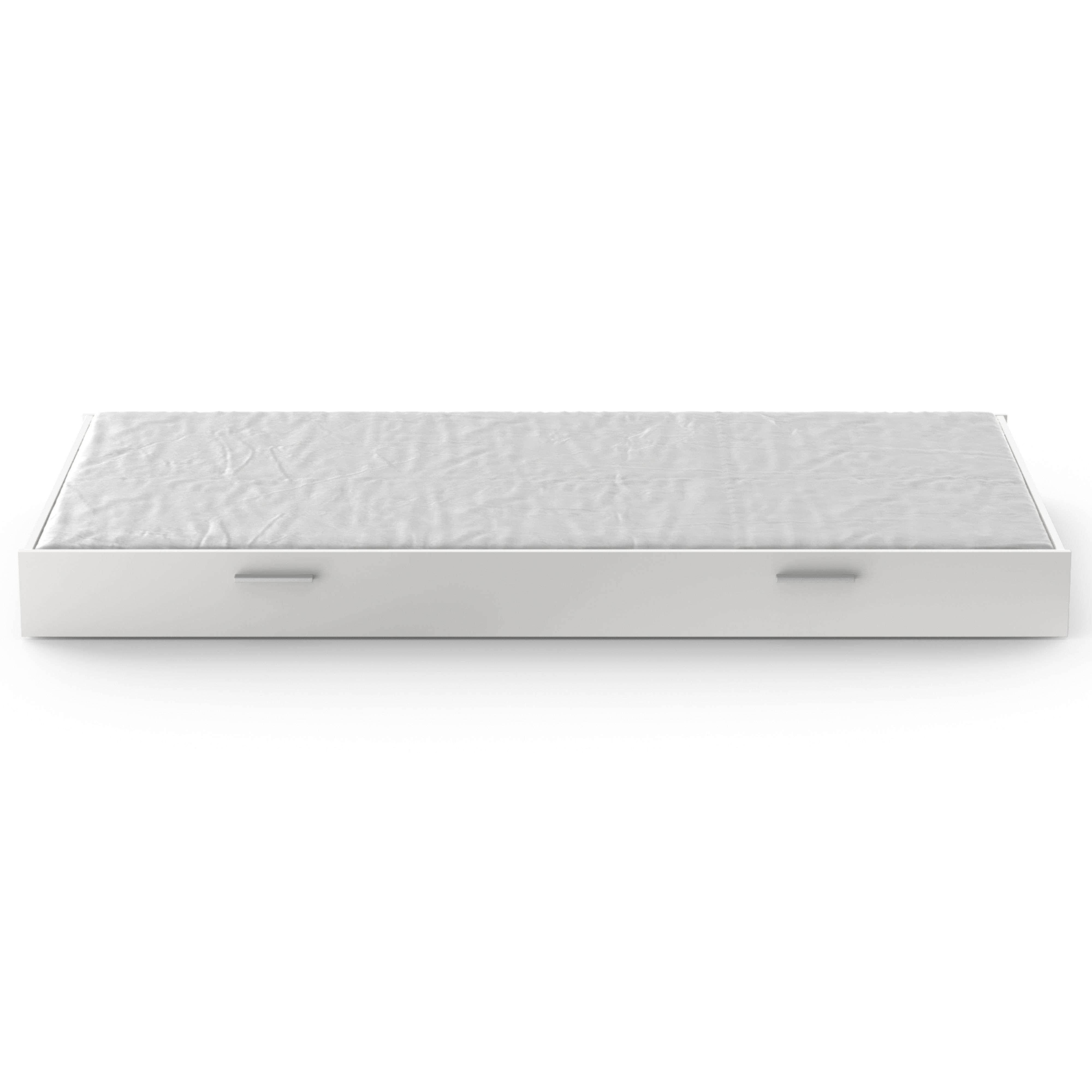 Un marco de cama blanco con cajones y un colchón blanco.
