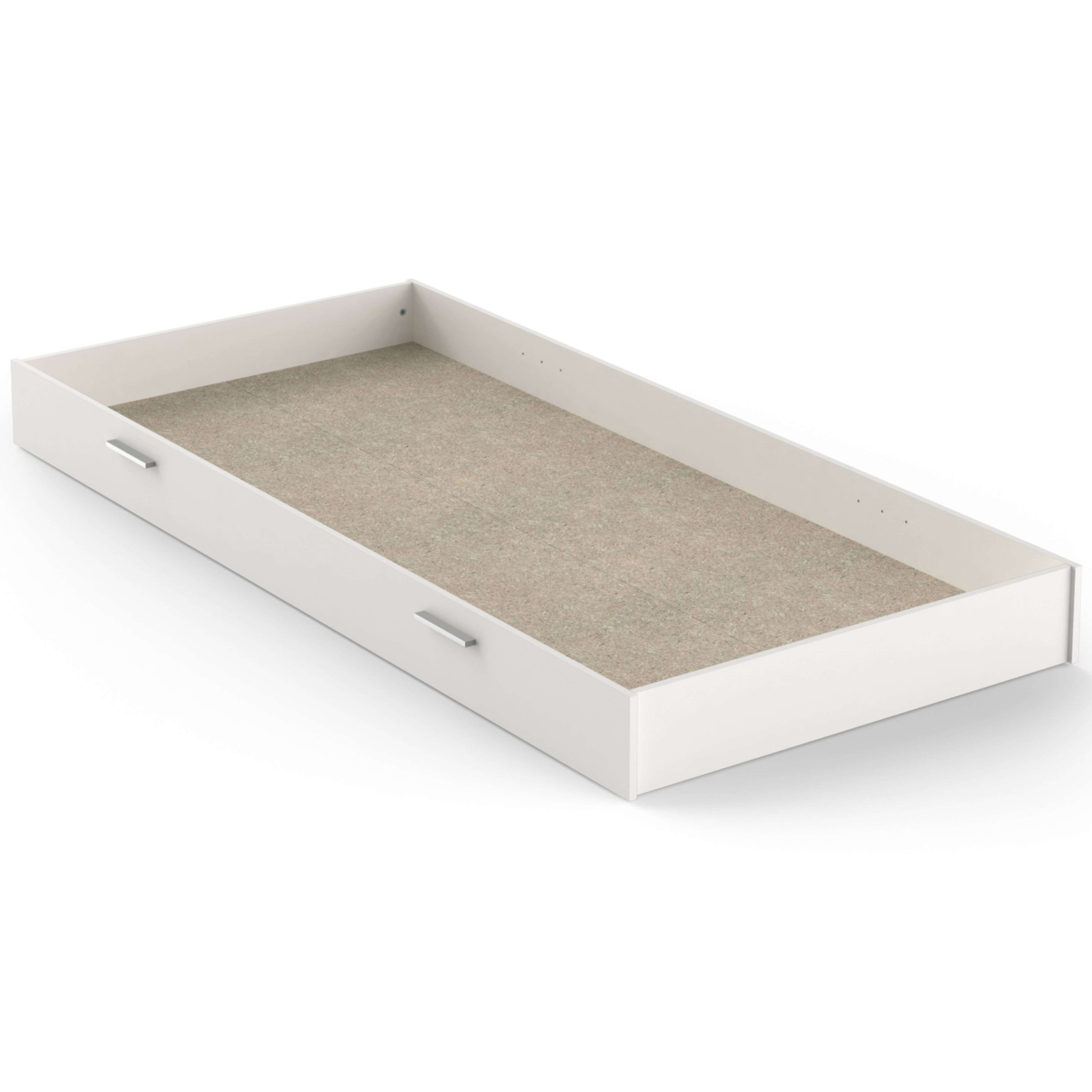 Un cajón de almacenamiento debajo de la cama blanco con tiradores plateados.