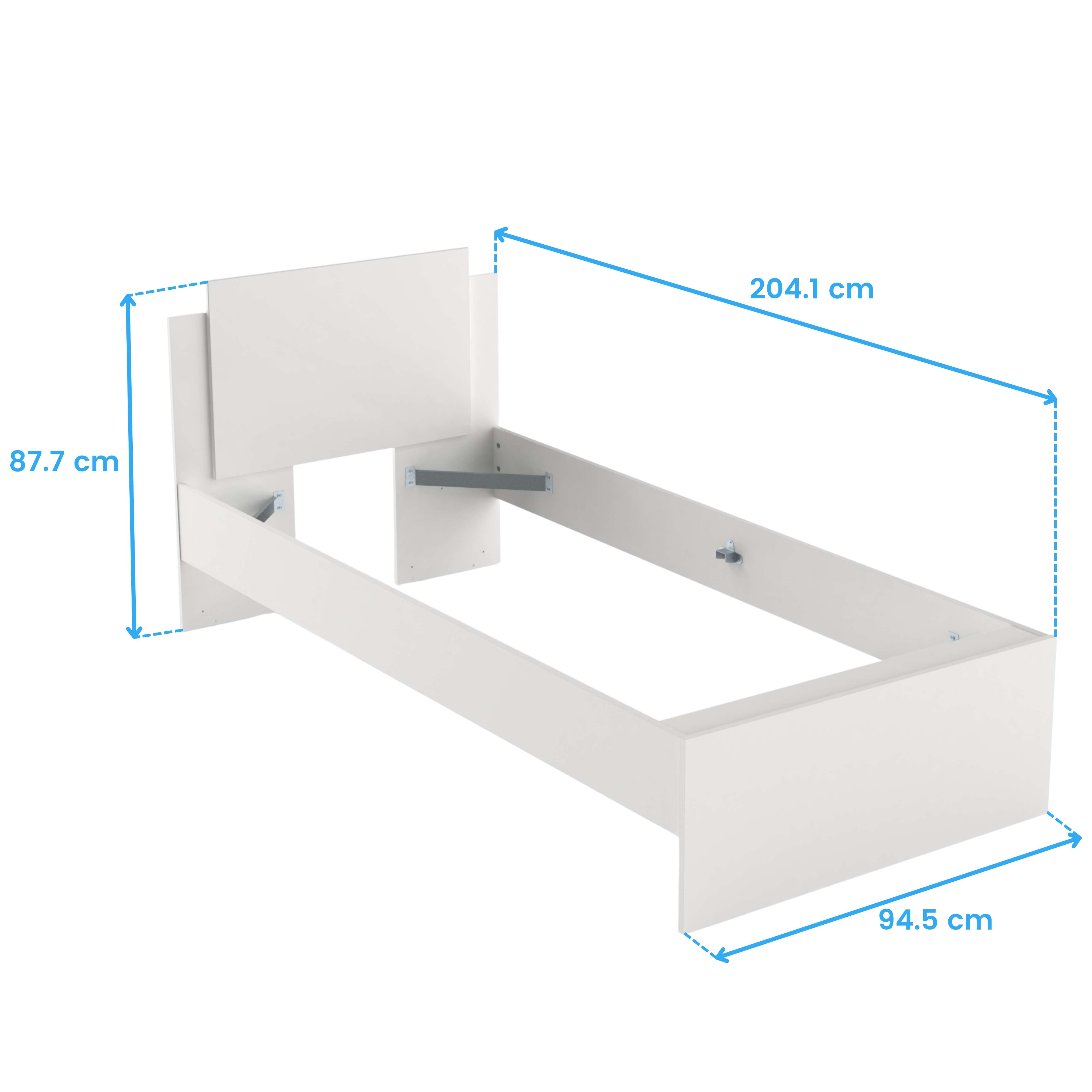 Estructura de cama blanca con dimensiones. Largo 204,1 cm, ancho 94,5 cm, alto 87,7 cm.