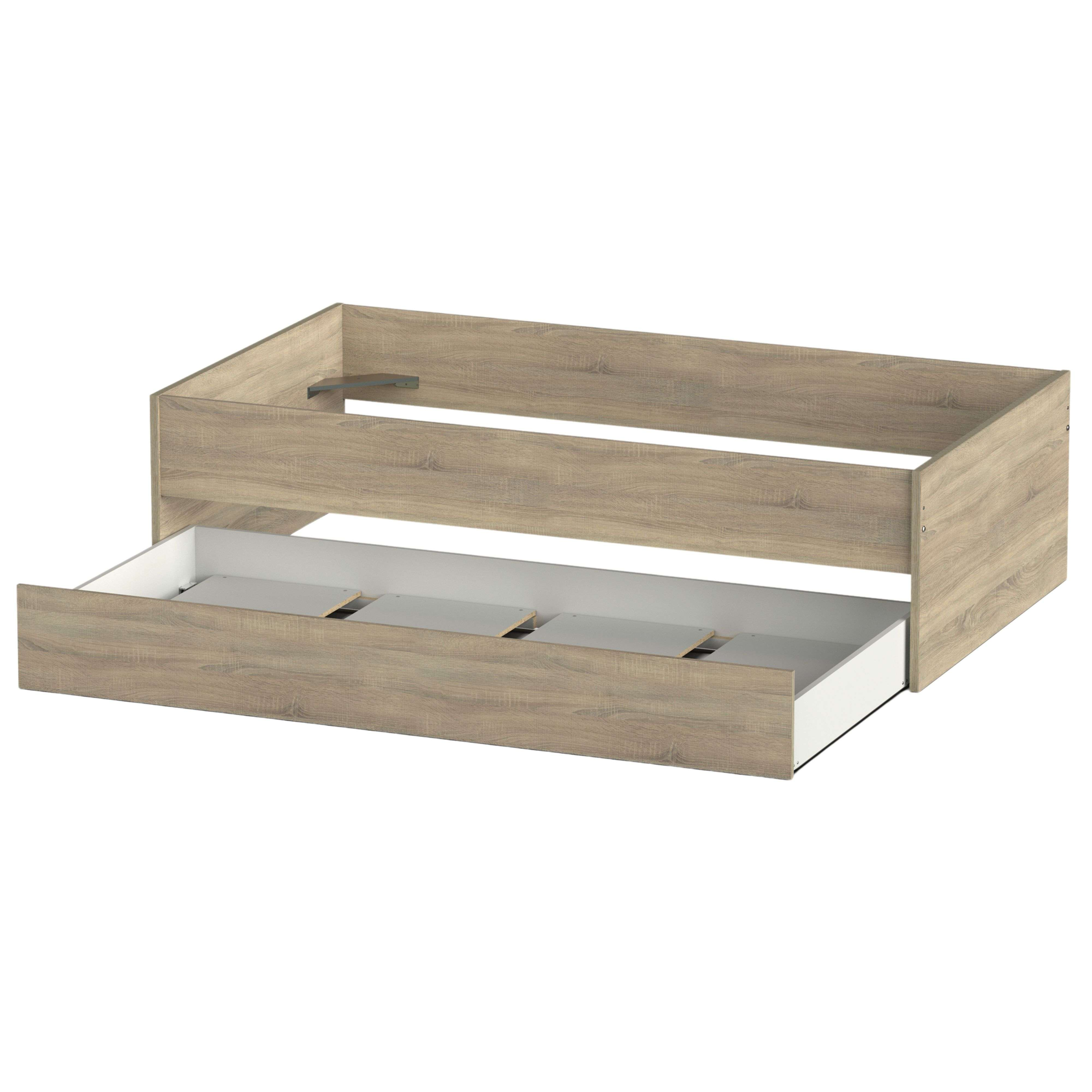 Estructura de cama de madera con cajón abierto, sobre fondo blanco.