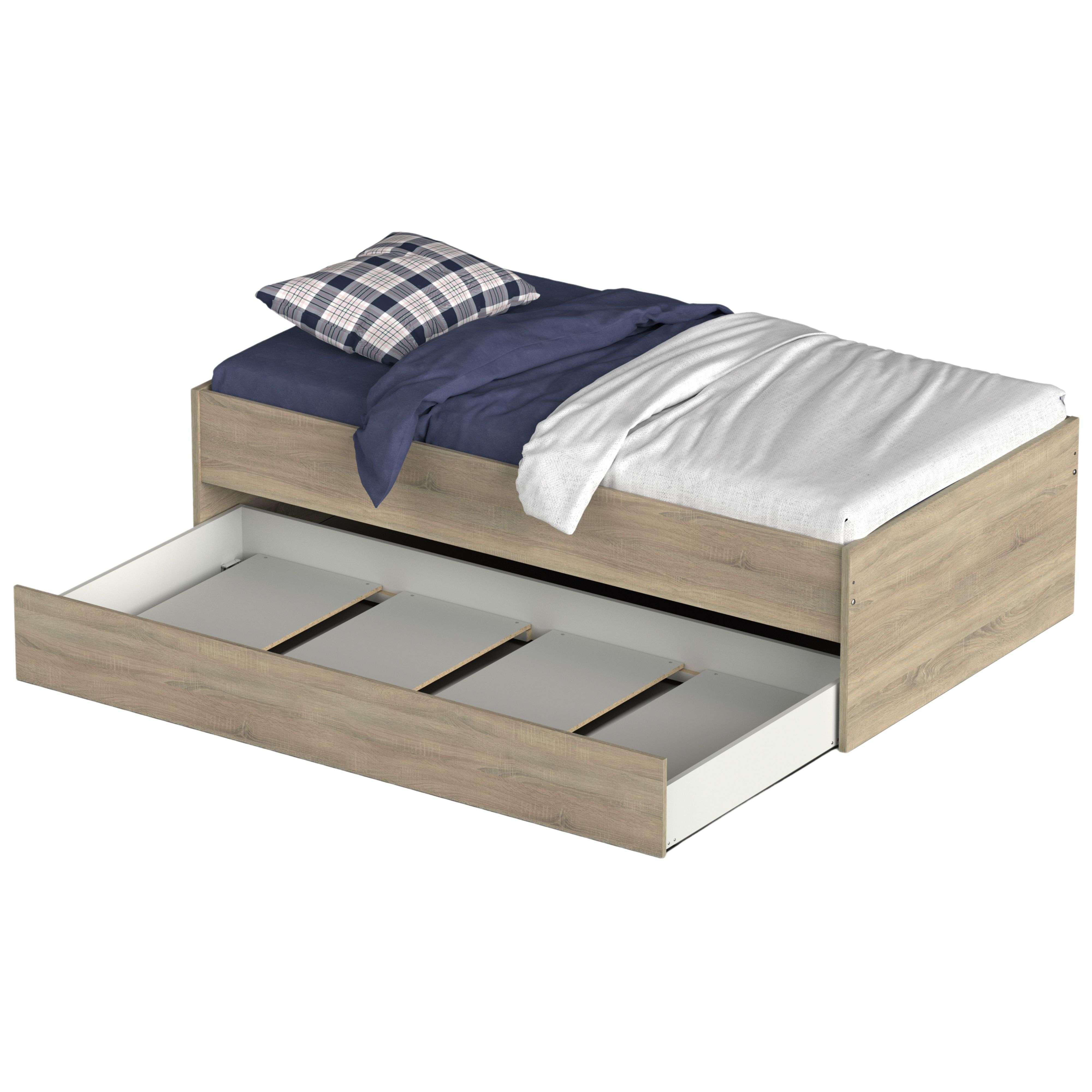 Cama de madera con cajón extraíble, ropa de cama azul y blanca, almohada de cuadros.