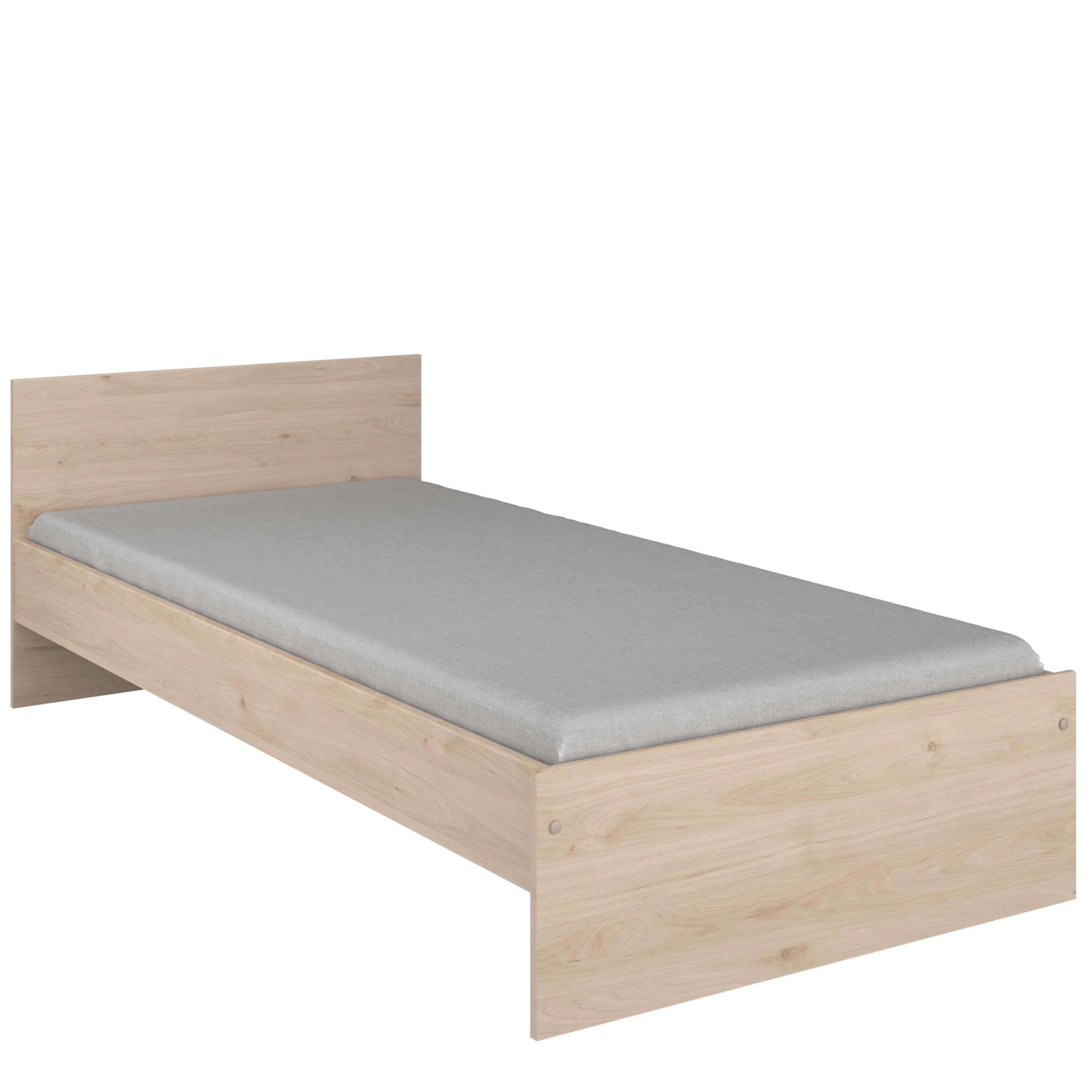 Una cama individual con marco de madera clara y colchón gris.