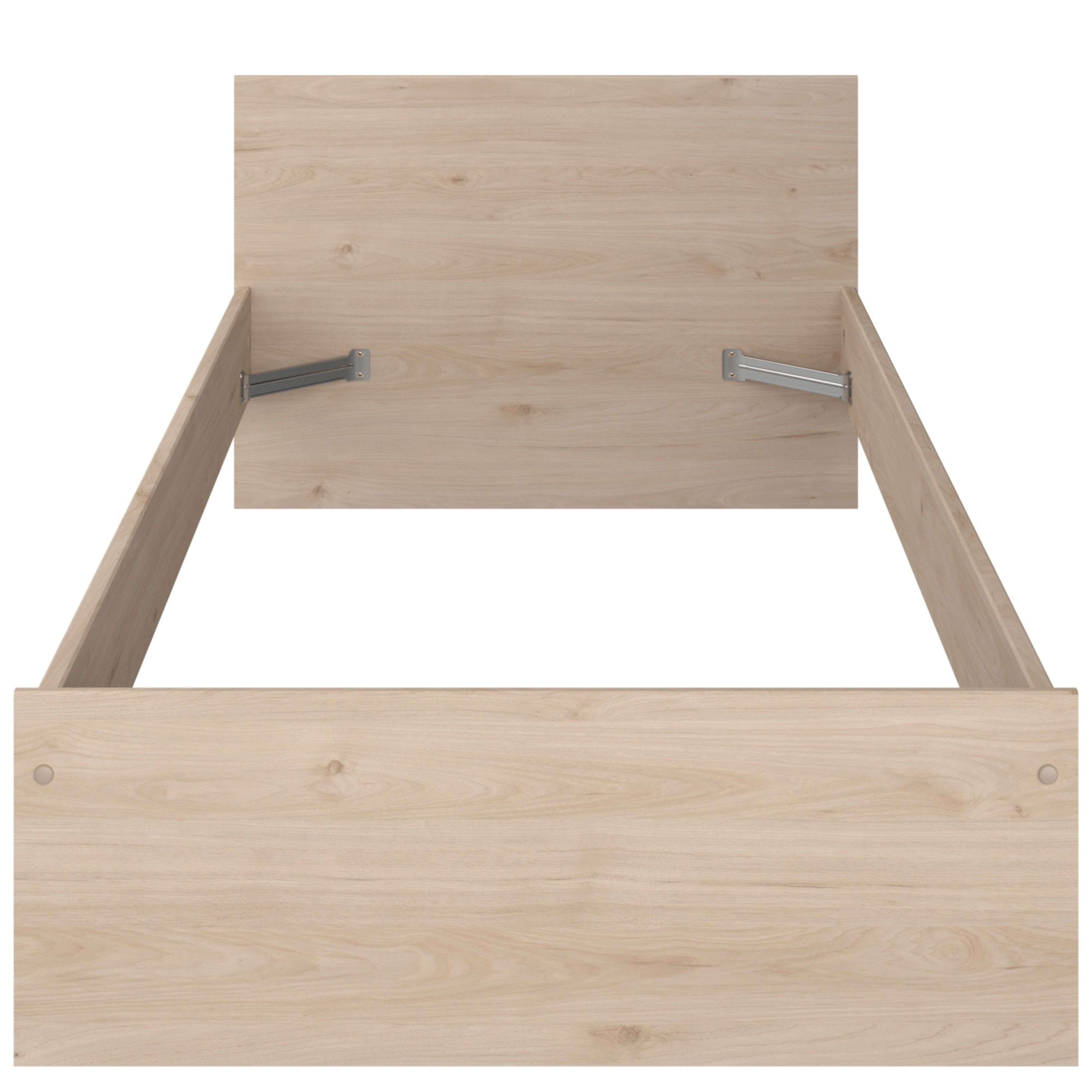 Estructura de cama de madera marrón claro con cabecero y herrajes metálicos.