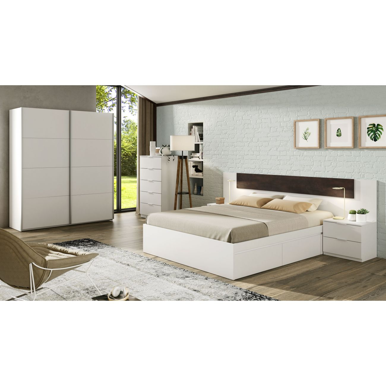 Dormitorio moderno con muebles blancos: cama, armario, cómoda y silla.