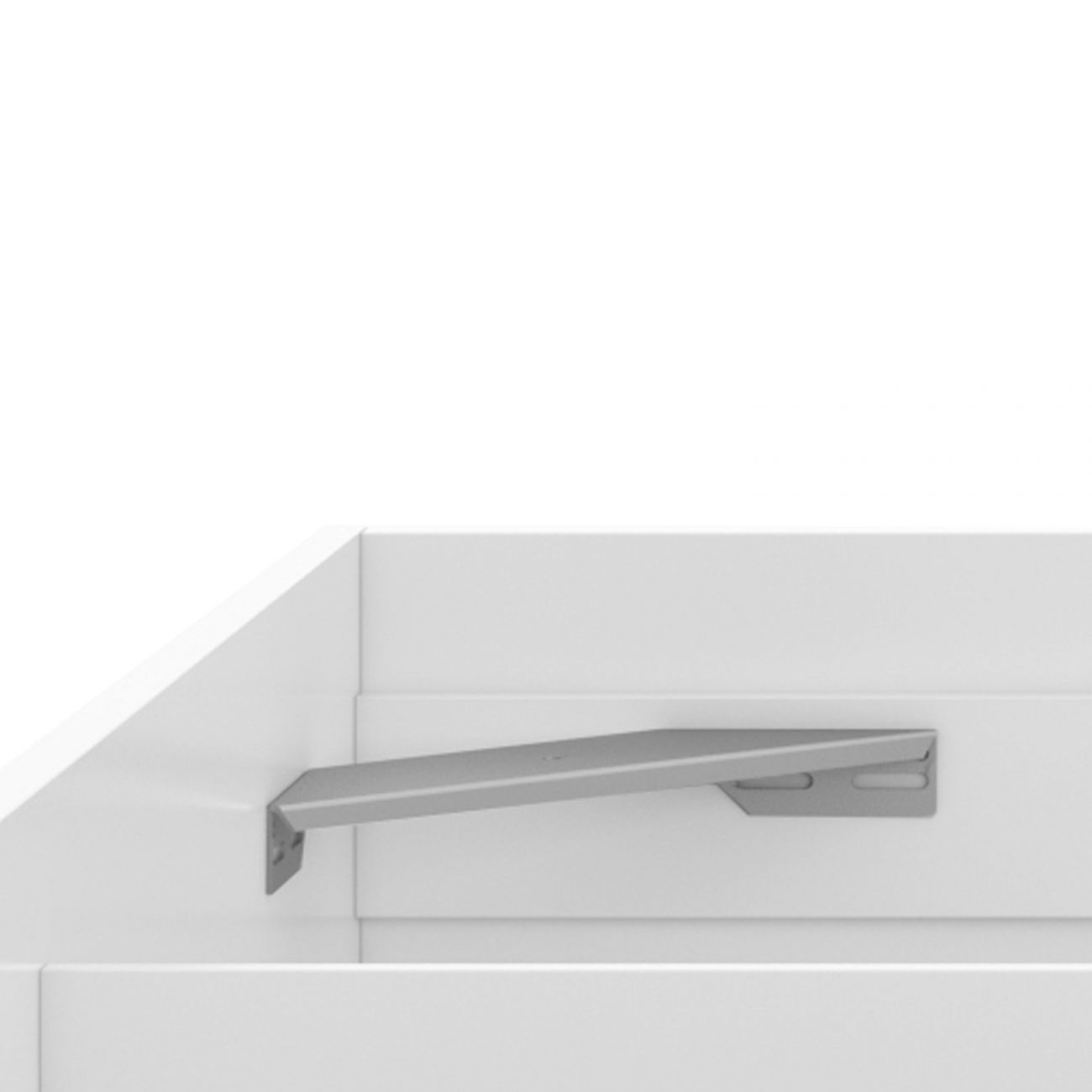 Un soporte de estante gris está fijado a una pared blanca.
